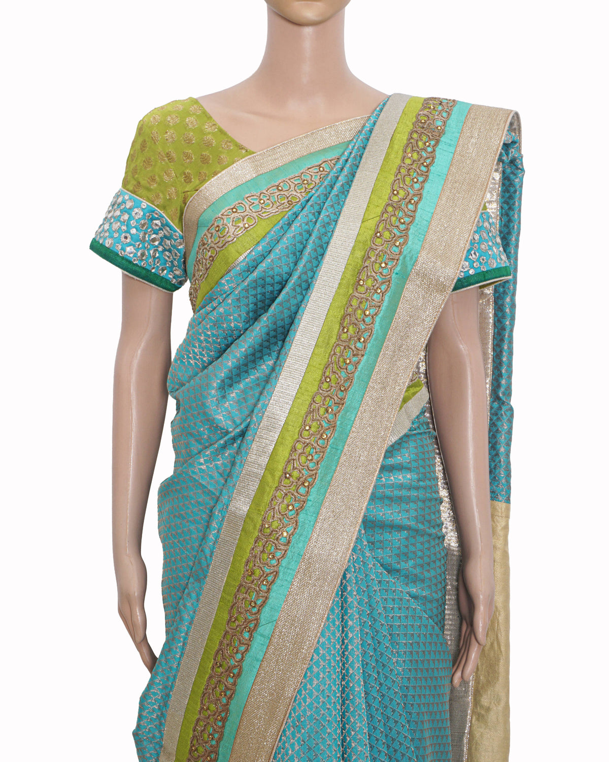 Jesal Vora Lime Green & Teal Banarasi Silk Saree