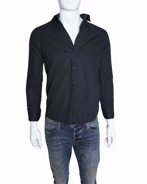 Balmain Paris Men's Button Down Shirt In Black WIth Tone on tone Embroidery