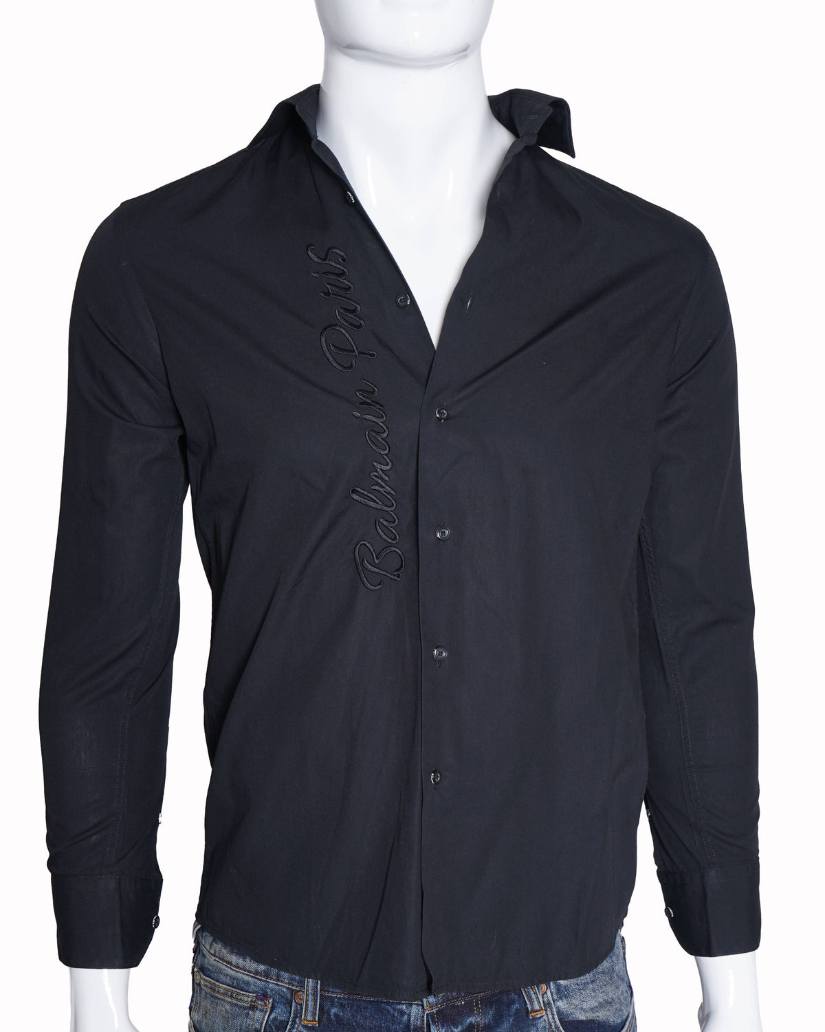 Balmain Paris Men's Button Down Shirt In Black WIth Tone on tone Embroidery