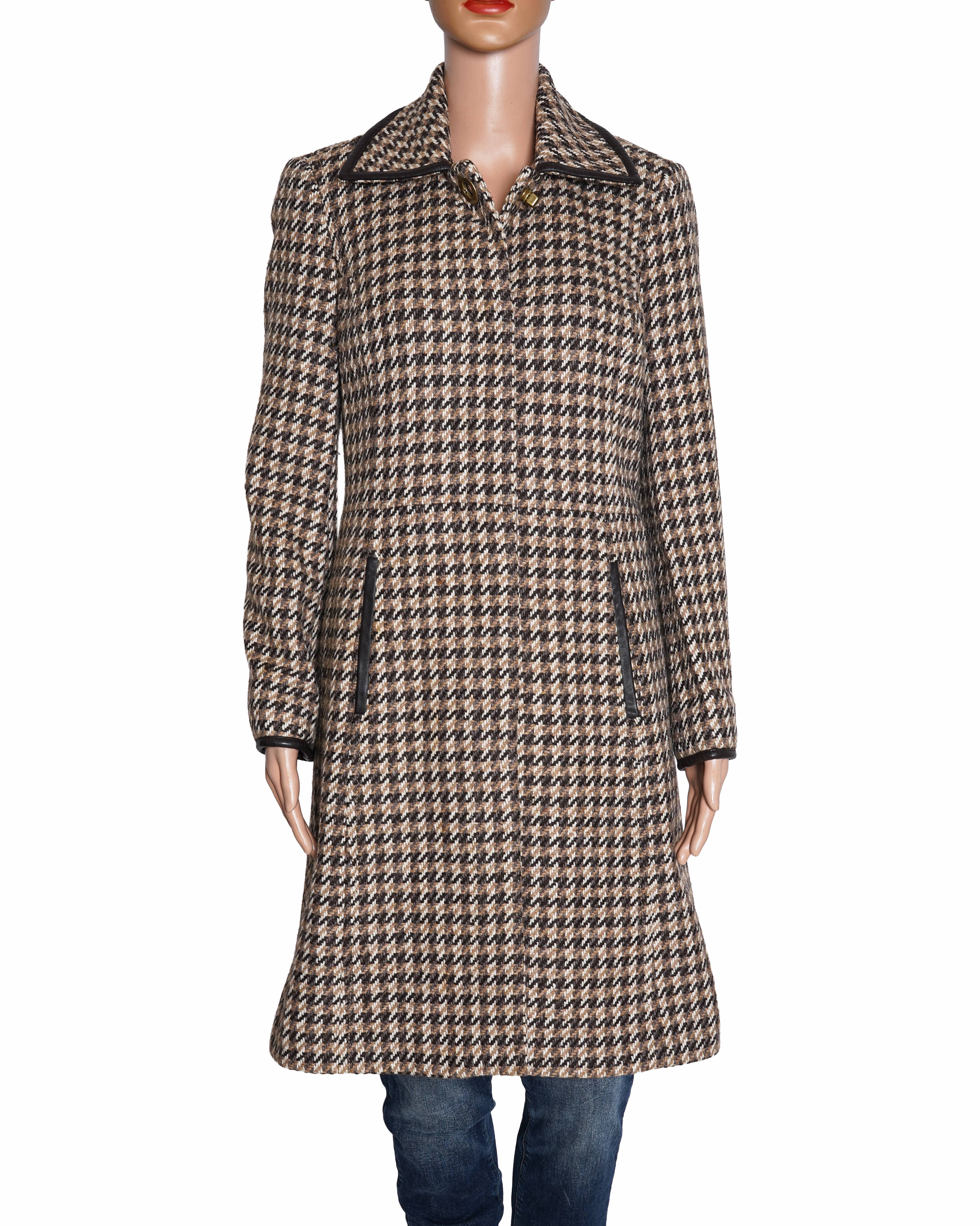 Coach Herringbone Tweed Trench Coact With Leather Trimming