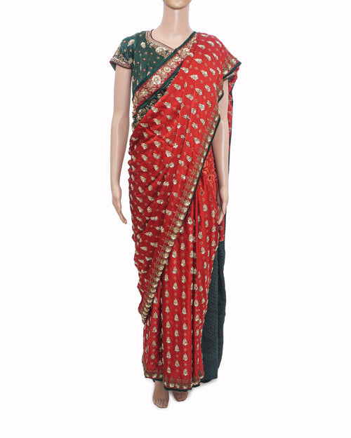 Ritu Kumar Red Embroidered Silk Saree with Green Blouse
