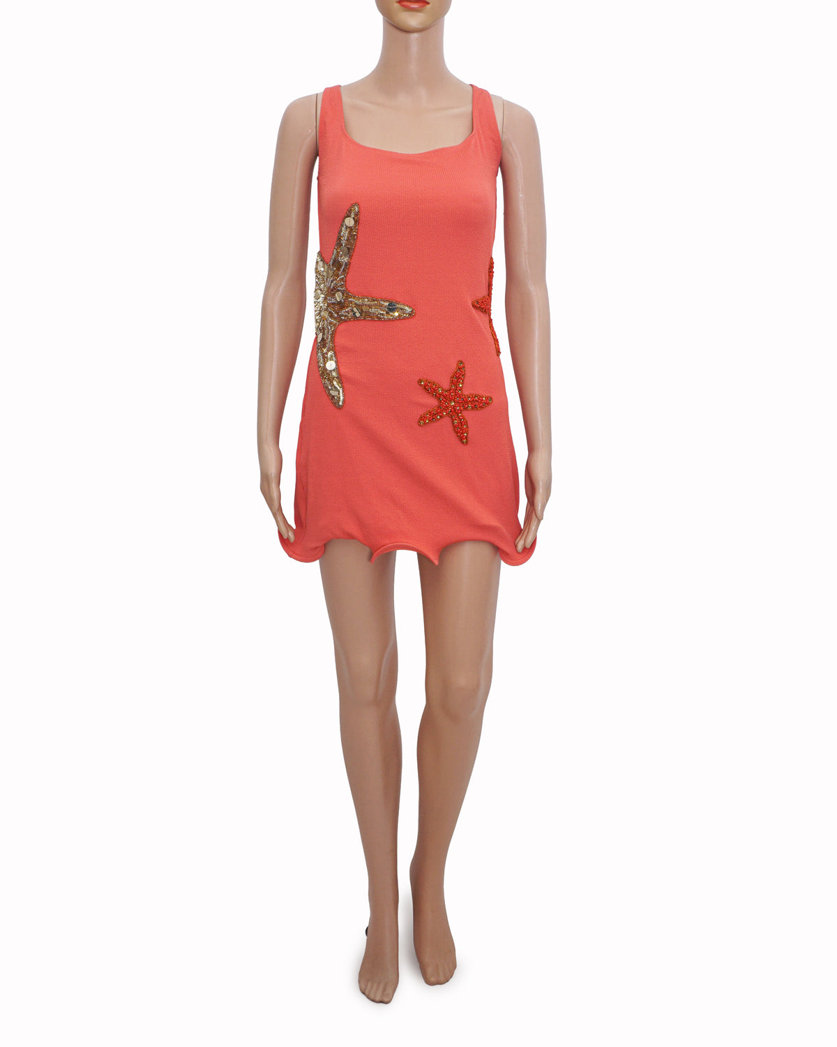 Leslie Amon Coral Jersey Beaded Starfish Mini Dress