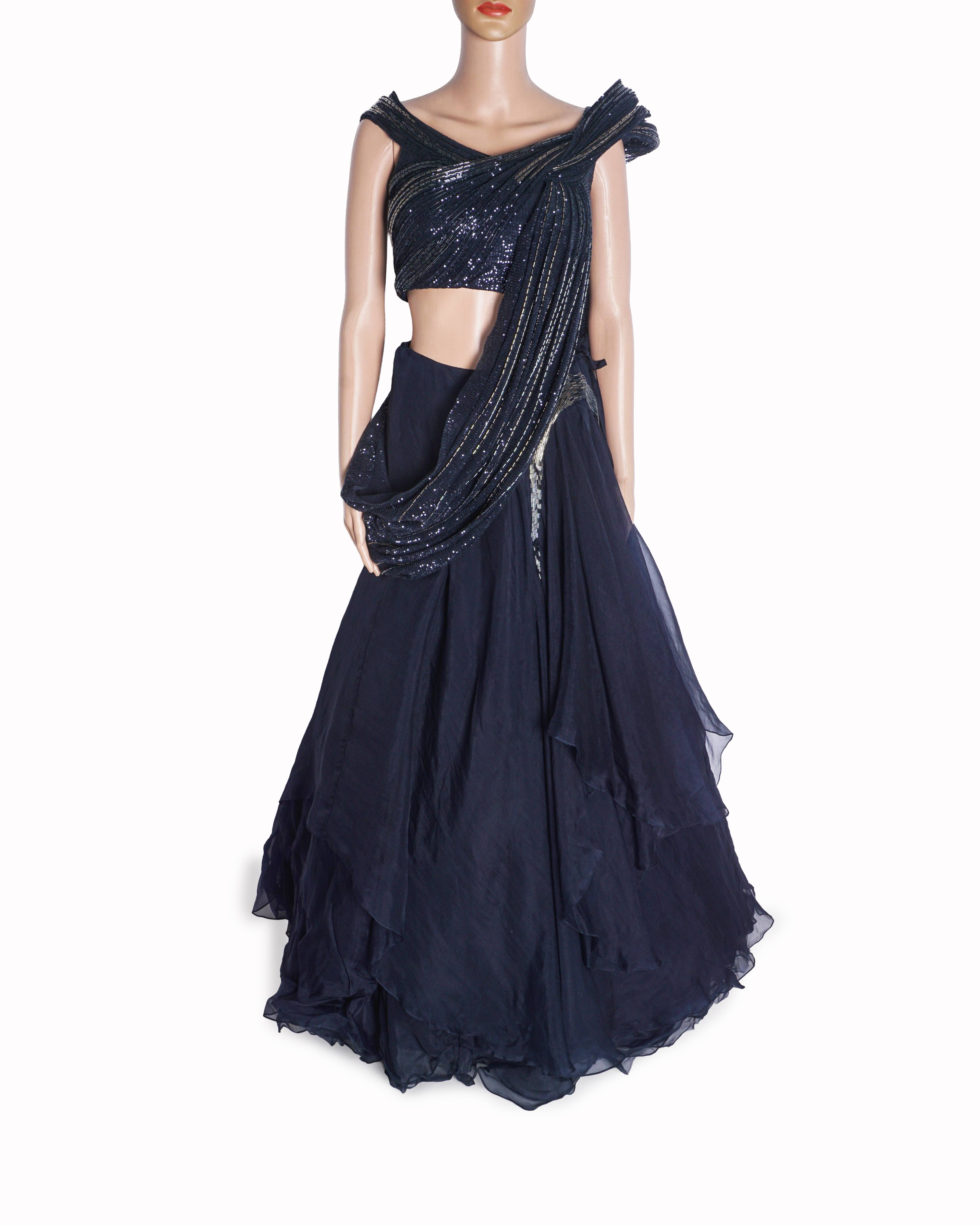 Gaurav Gupta Navy Blue Sequin Sculpted Lehenga Set