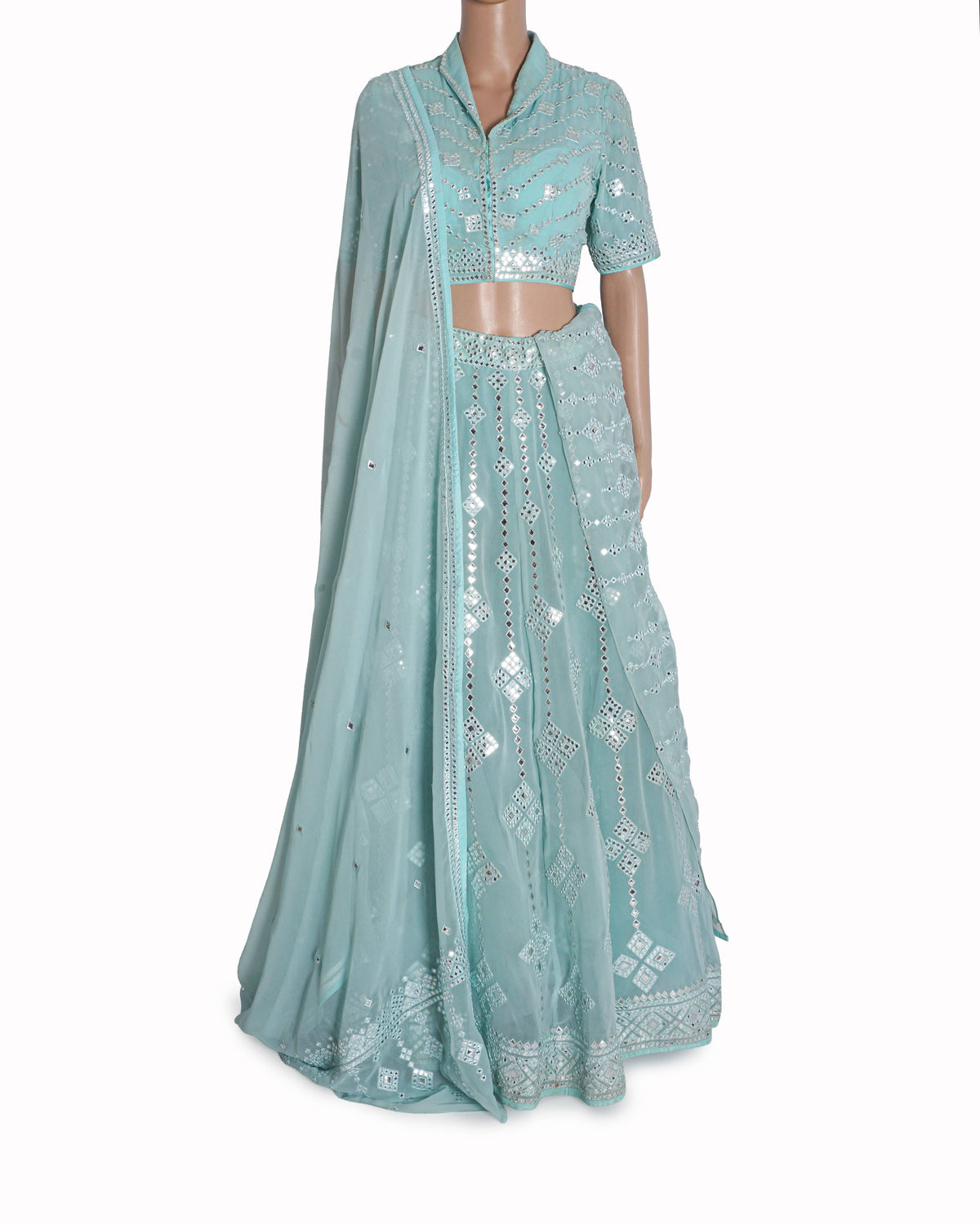 Asal By Abu Jani Sandeep Khosla Powder Blue Mirror Lehenga Set