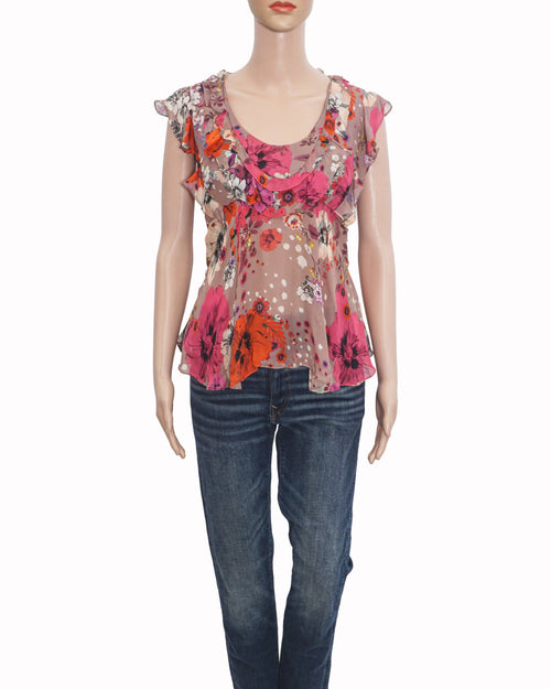 Roberto Cavalli Silk Floral Ruffle Cap Sleeve Top