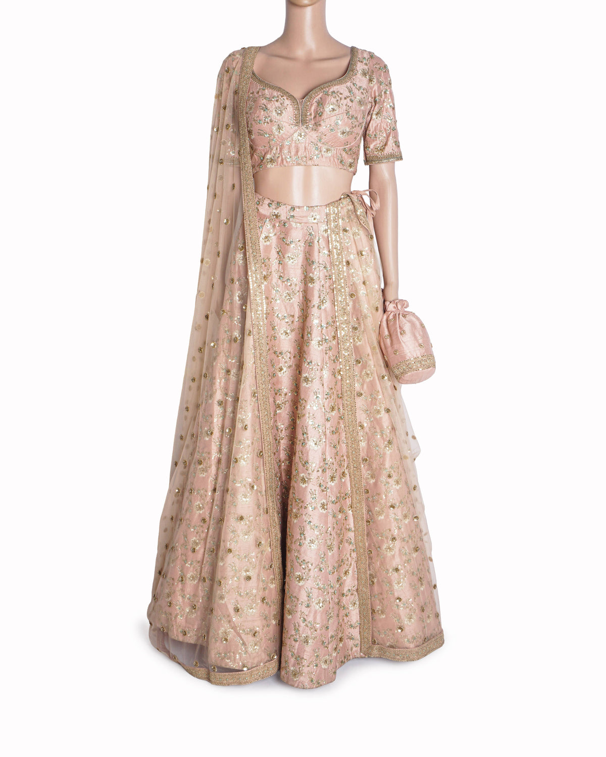 Sabyasachi Peach Silk Embroidered Lehenga Set with Potli