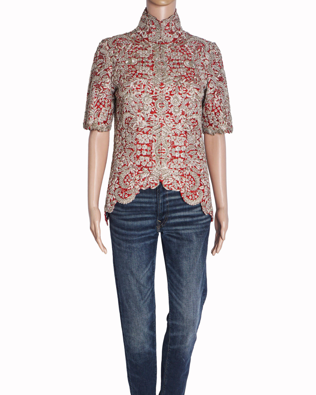 Anamika Khanna Red & Silver Zardozi Embroidered Short Jacket