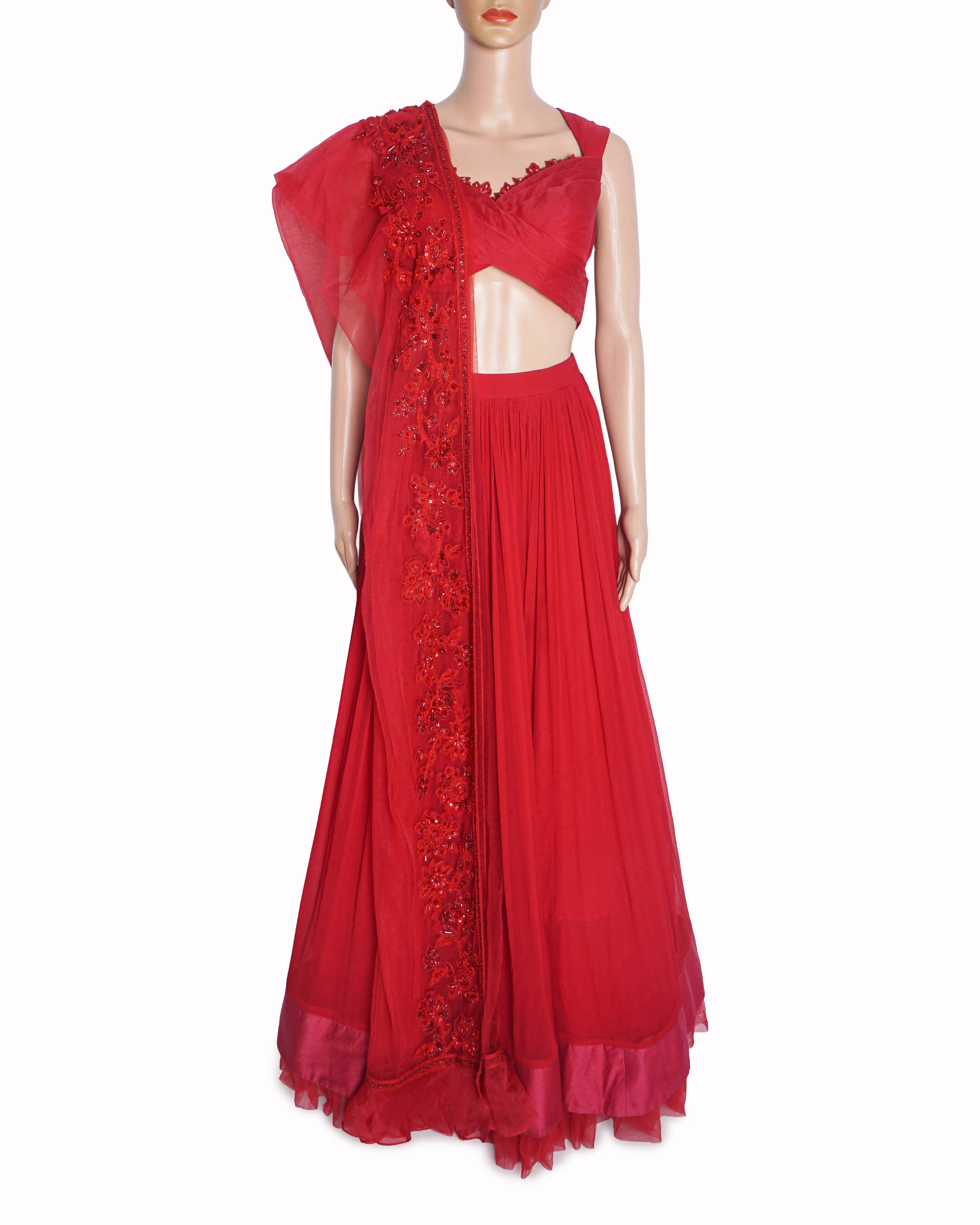 Ridhi Mehra Red Qaifa Embellished Pleated Lehenga Set
