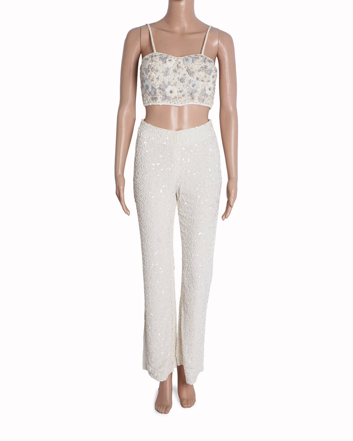Shriya Som Ivory Floral Embroidered Bustier & Sequin Trouser Set