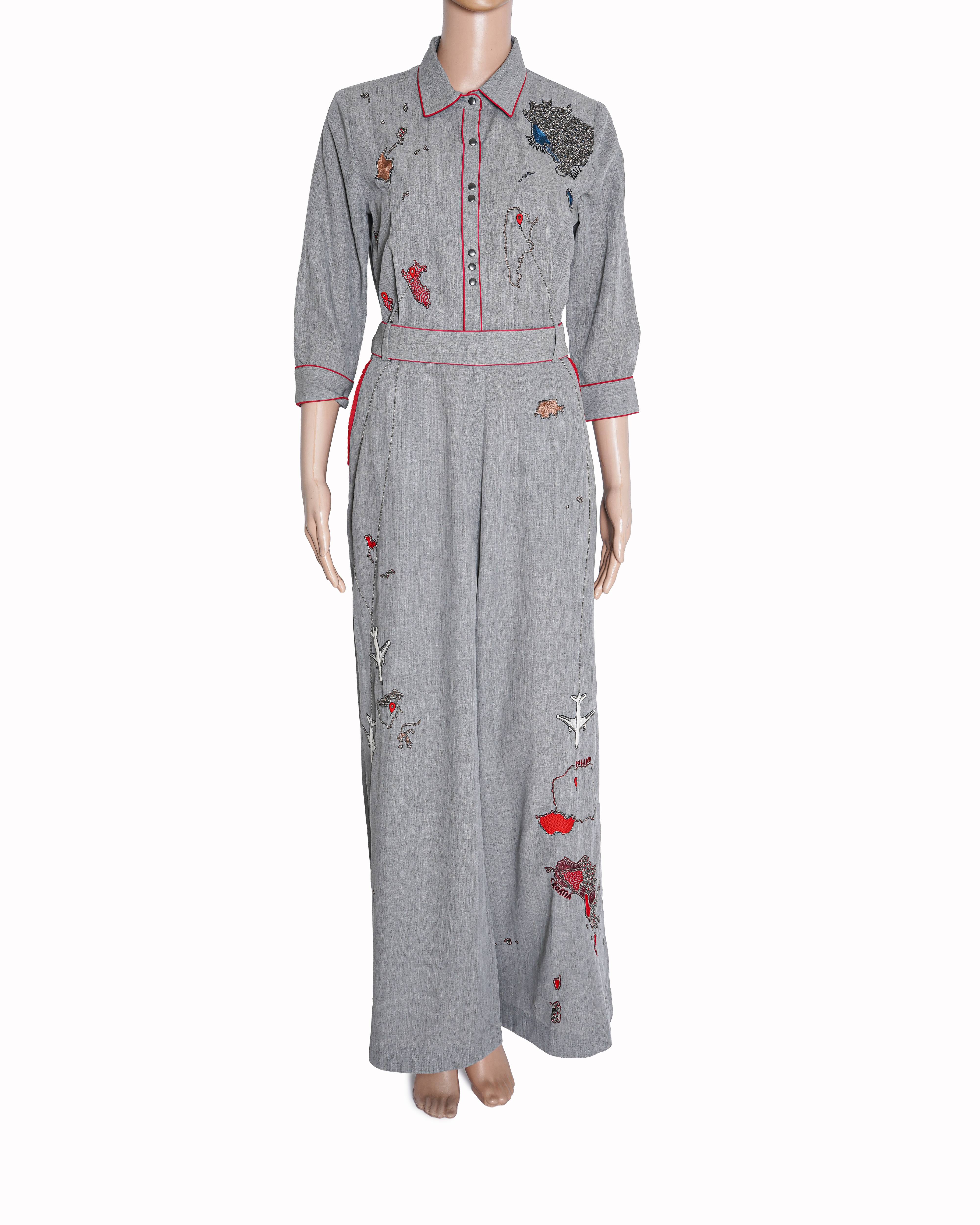 Shahin Mannan Grey Double Crepe Spread Collar Embroidered Jumpsuit