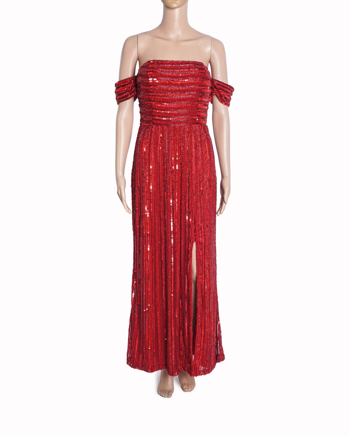 Ambrosia Red Off-Shoulder Hand-Embroidered Sequin Gown