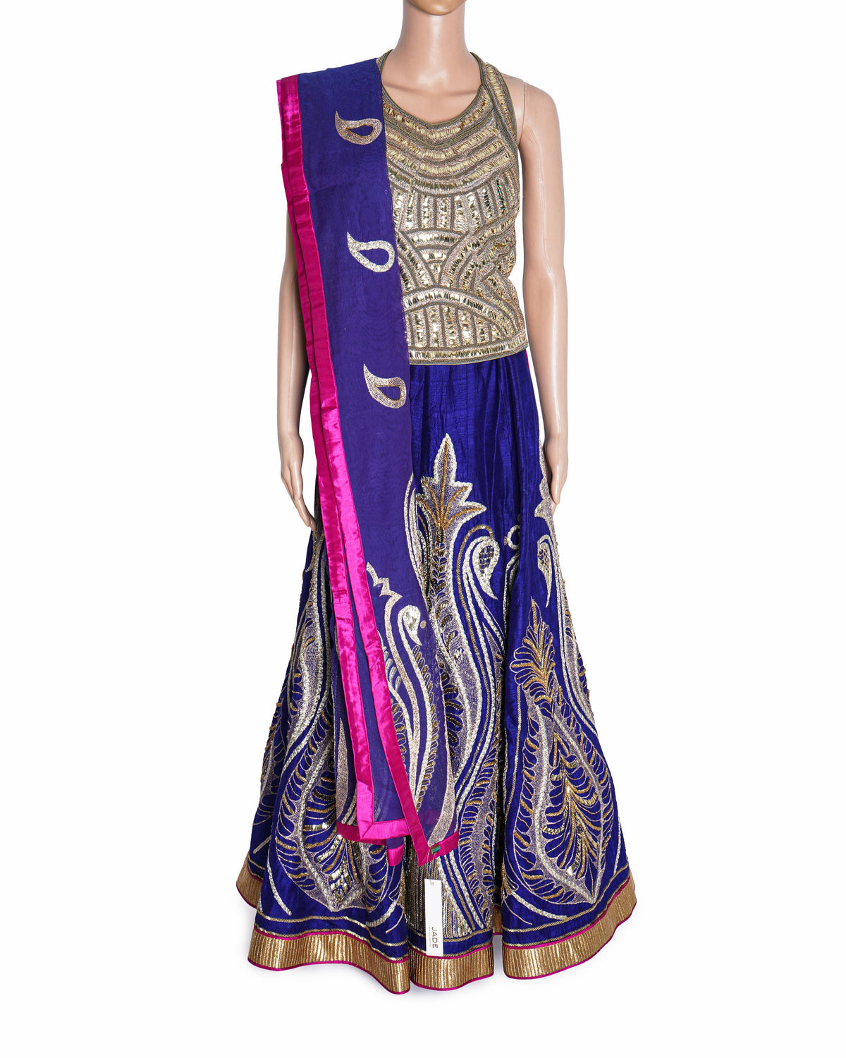 Jade by Monica & Karishma Ink Blue and Gold Embroidered Lehenga Set