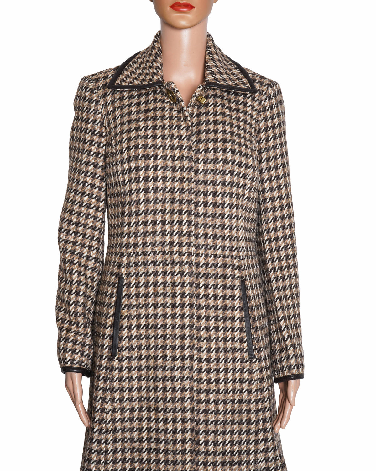 Coach Herringbone Tweed Trench Coact With Leather Trimming