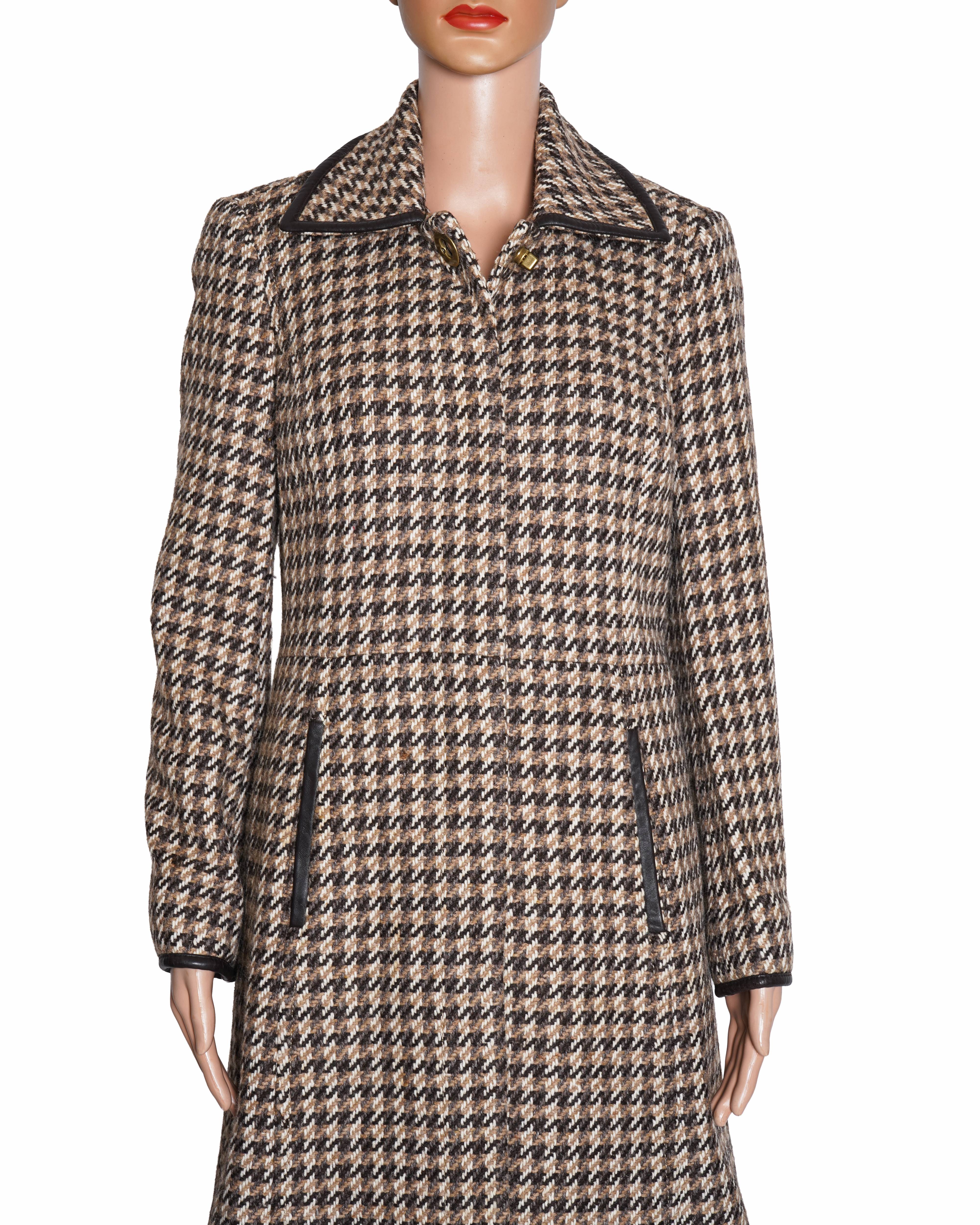 Coach Herringbone Tweed Trench Coact With Leather Trimming