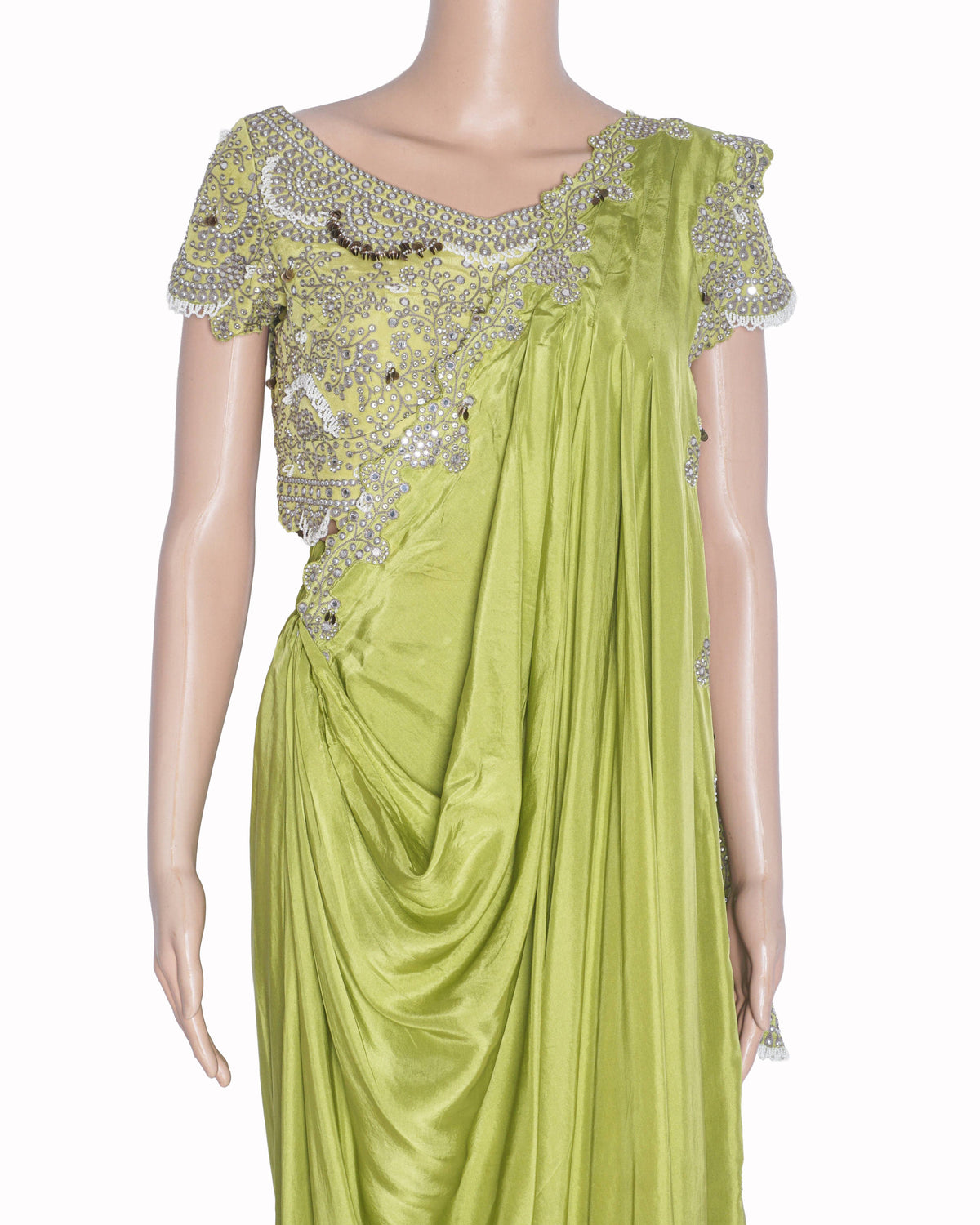 Nupur Kanoi Pista Habutai Silk & Crepe Hand Embroidered Pre-Draped Dhoti Saree Set