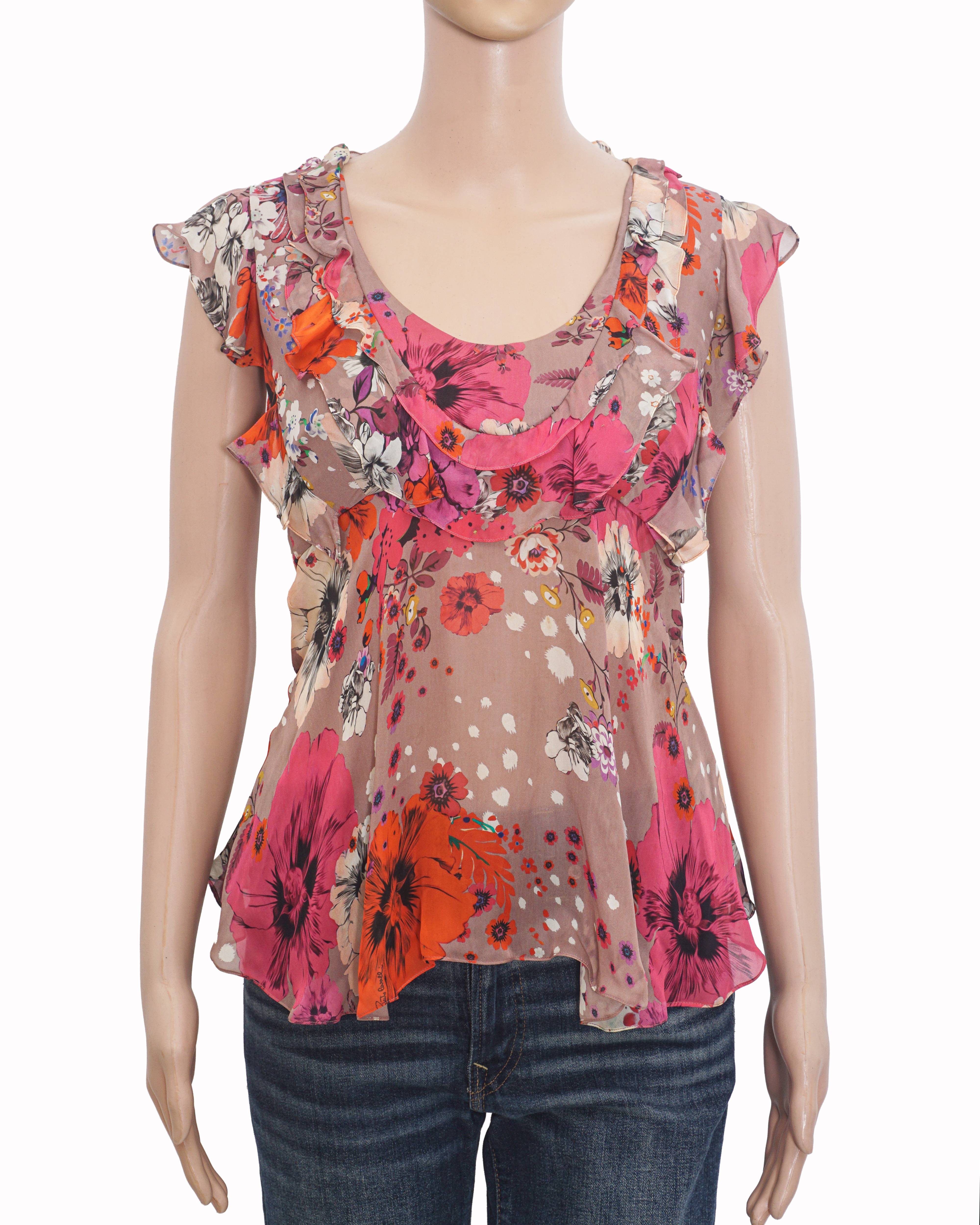 Roberto Cavalli Silk Floral Ruffle Cap Sleeve Top