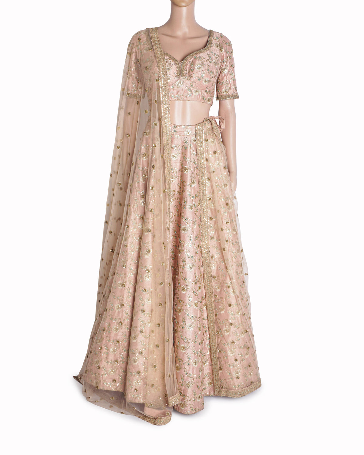 Sabyasachi Peach Silk Embroidered Lehenga Set with Potli