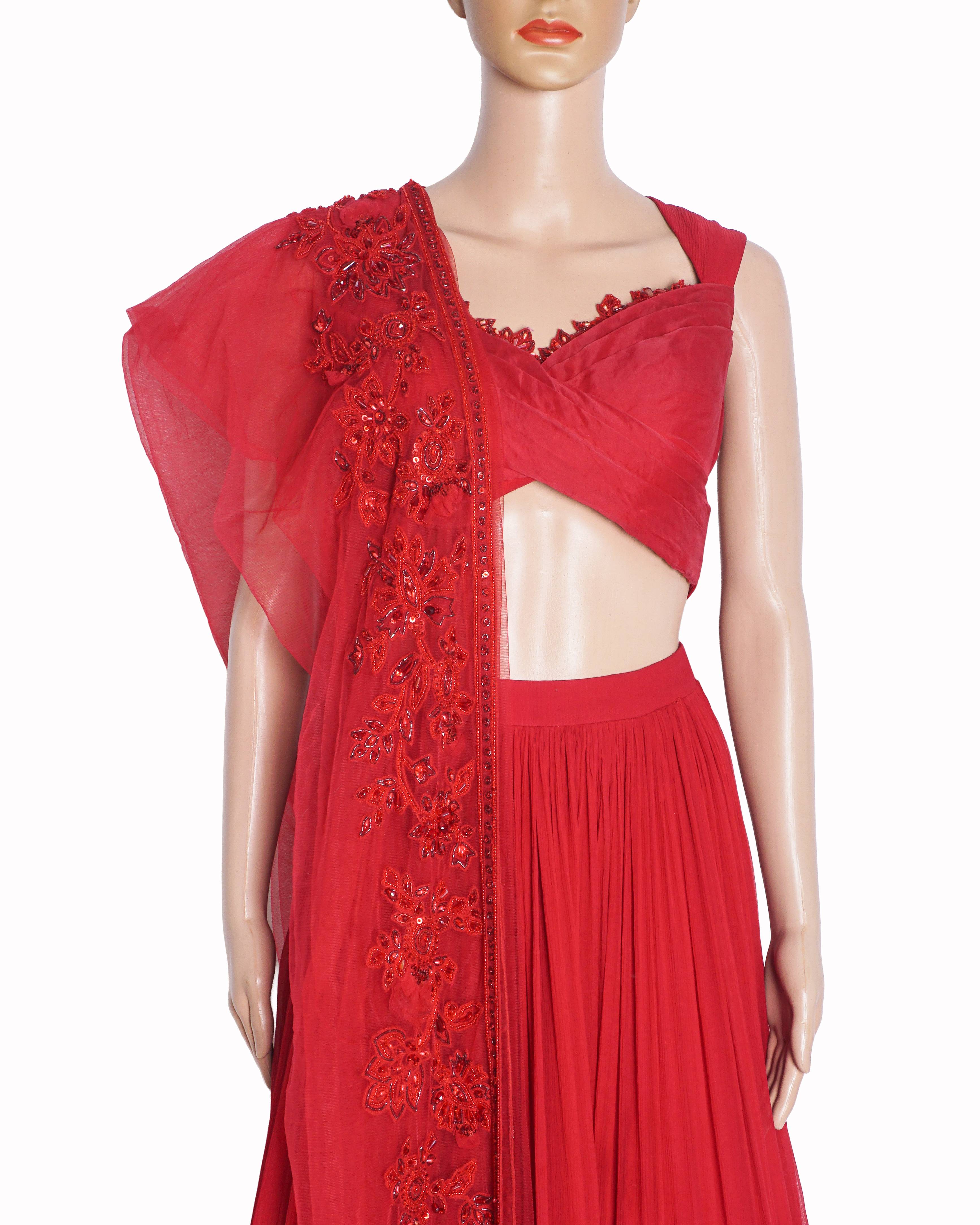 Ridhi Mehra Red Qaifa Embellished Pleated Lehenga Set