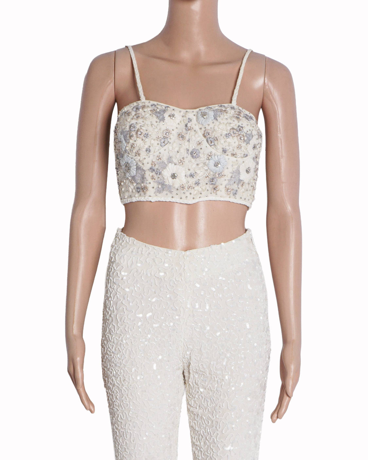 Shriya Som Ivory Floral Embroidered Bustier & Sequin Trouser Set