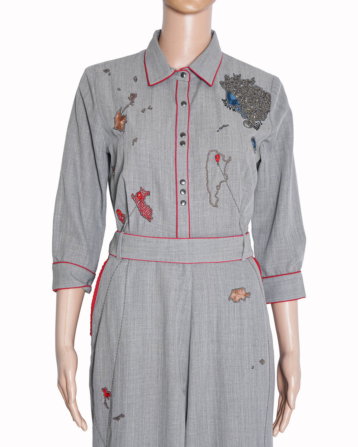 Shahin Mannan Grey Double Crepe Spread Collar Embroidered Jumpsuit