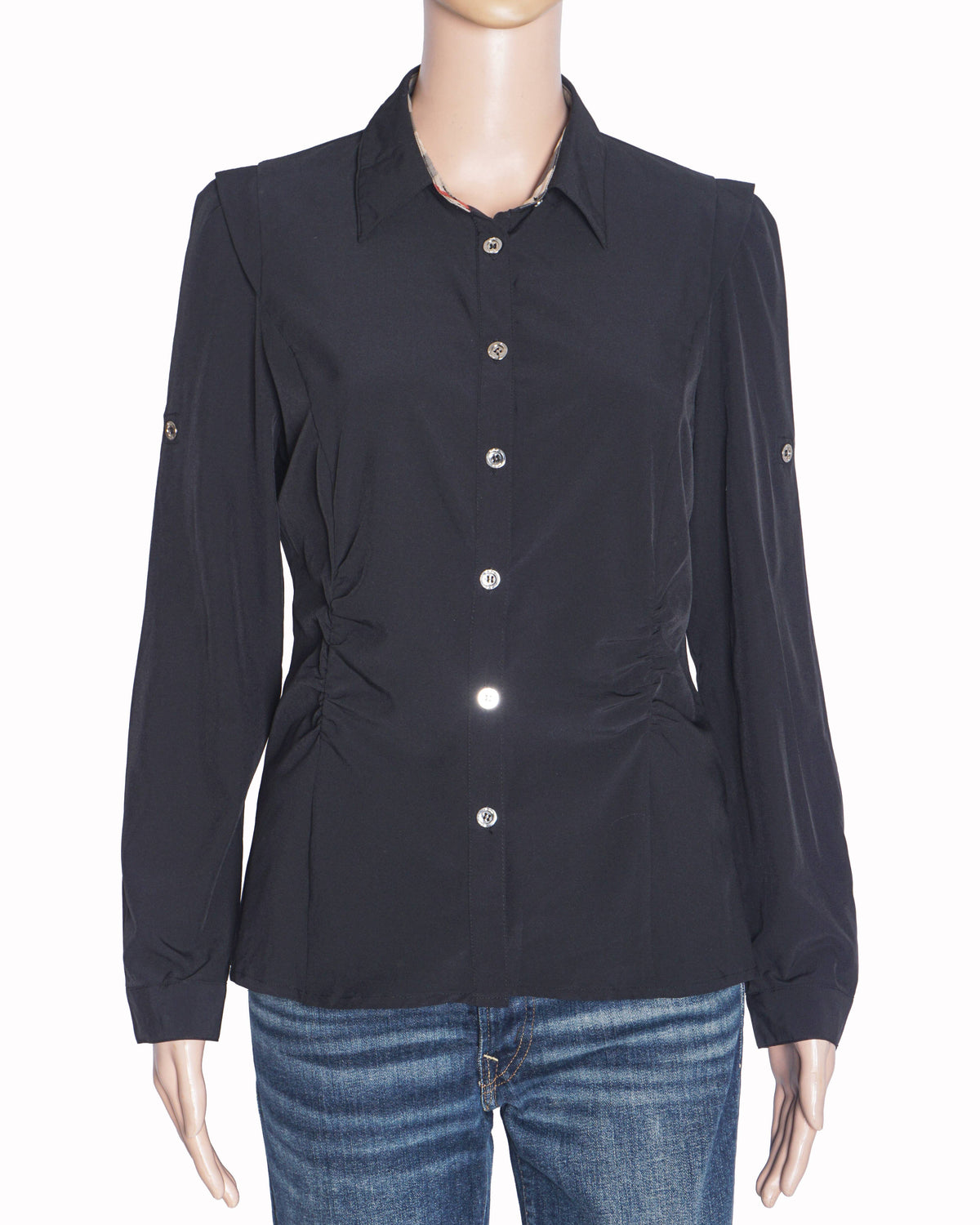 Burberry Black Vintage Check Trim Ruched Shirt