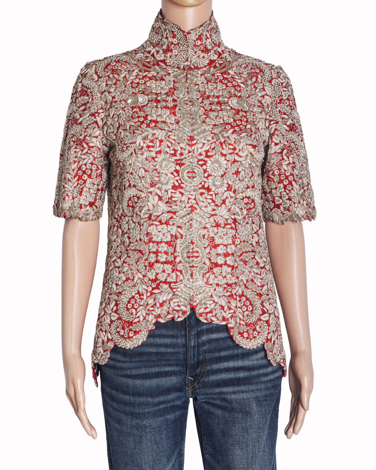 Anamika Khanna Red & Silver Zardozi Embroidered Short Jacket