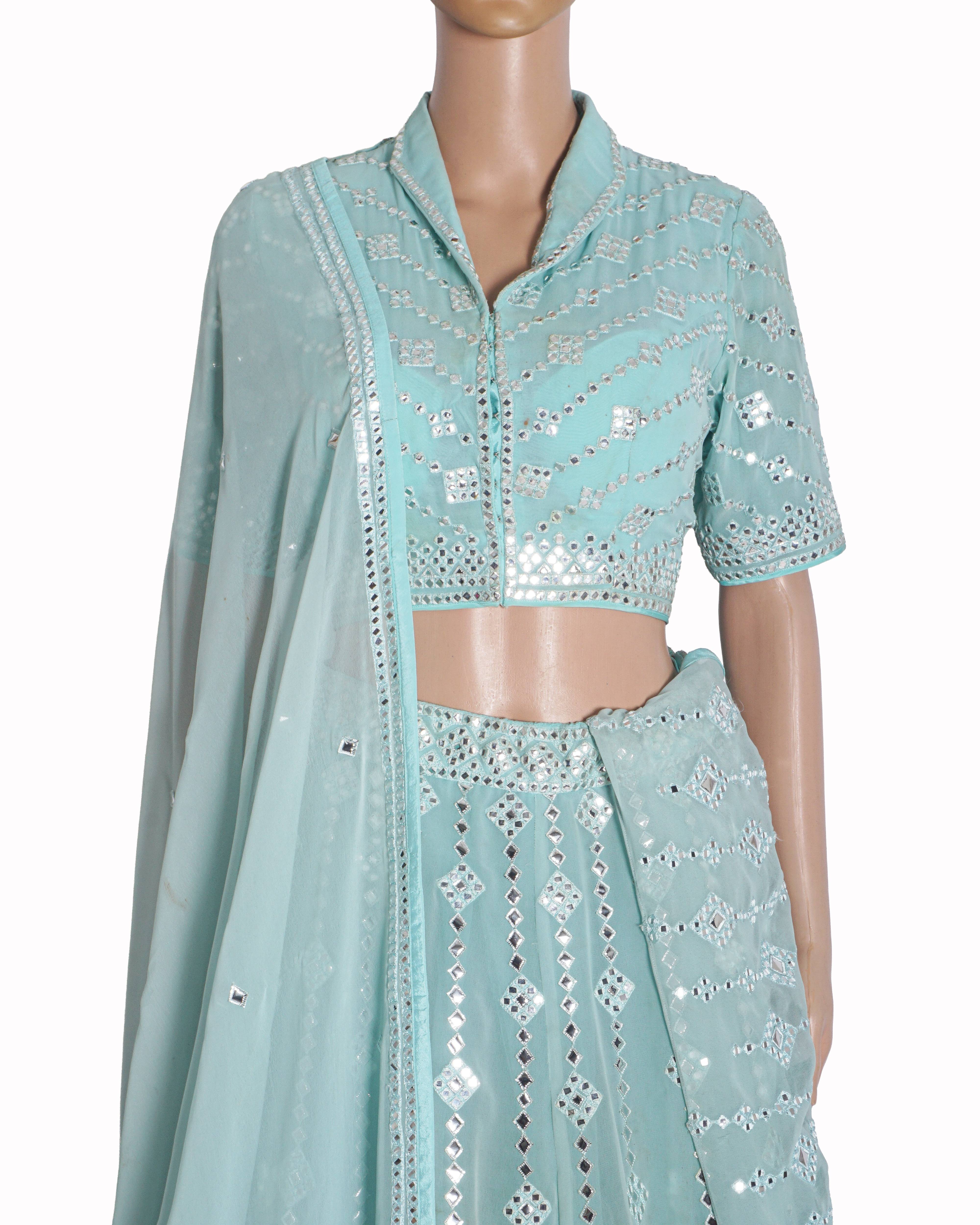 Asal By Abu Jani Sandeep Khosla Powder Blue Mirror Lehenga Set