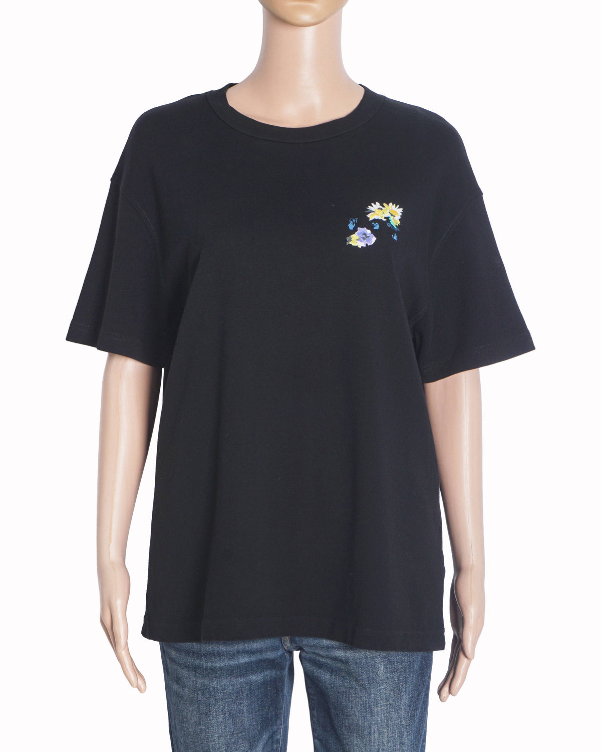 Off-White Black Floral Arrow Logo Cotton Crew Neck T-Shirt