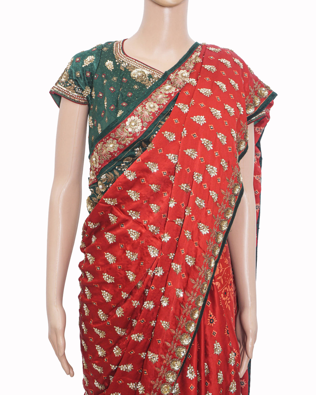 Ritu Kumar Red Embroidered Silk Saree with Green Blouse