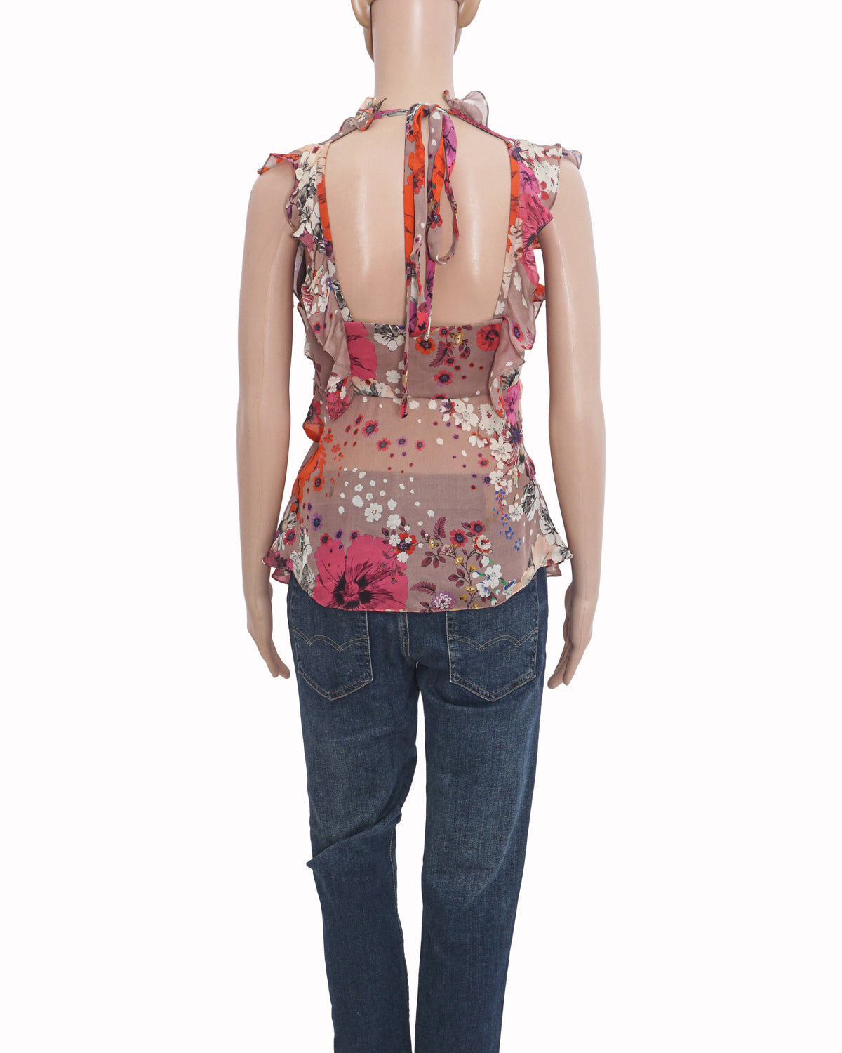 Roberto Cavalli Silk Floral Ruffle Cap Sleeve Top