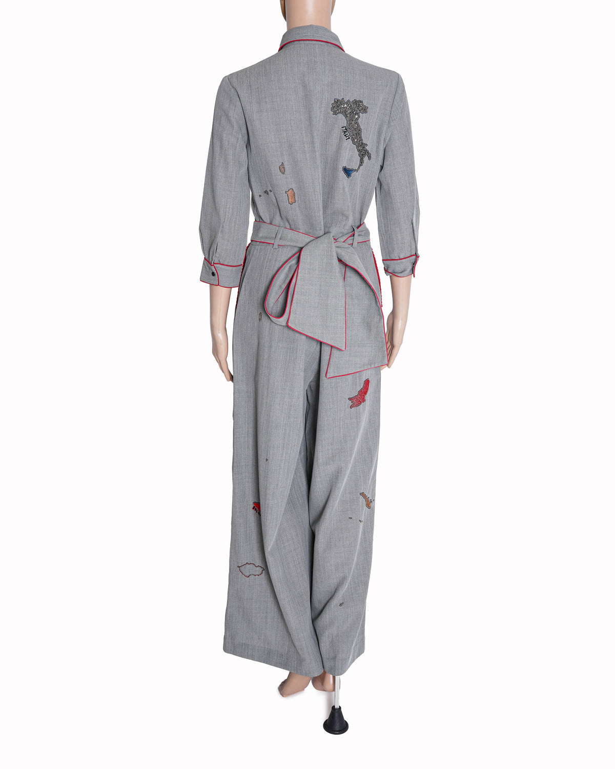 Shahin Mannan Grey Double Crepe Spread Collar Embroidered Jumpsuit