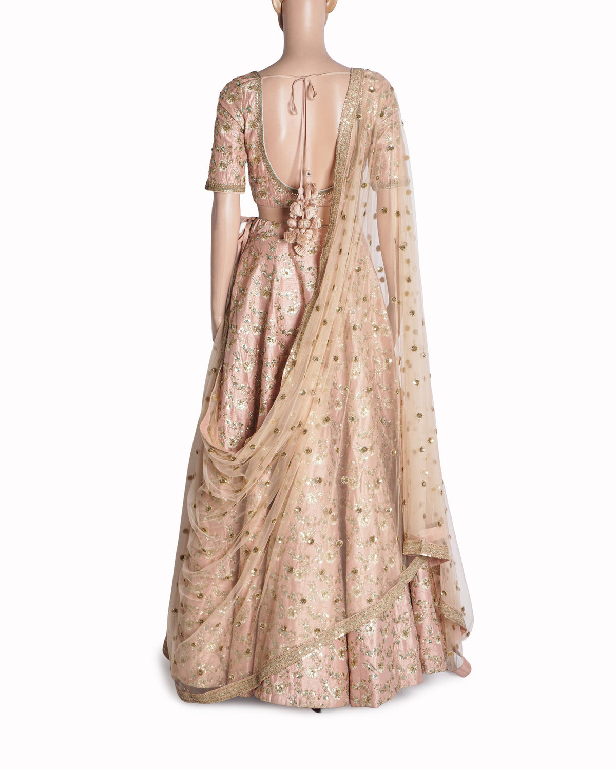 Sabyasachi Peach Silk Embroidered Lehenga Set with Potli