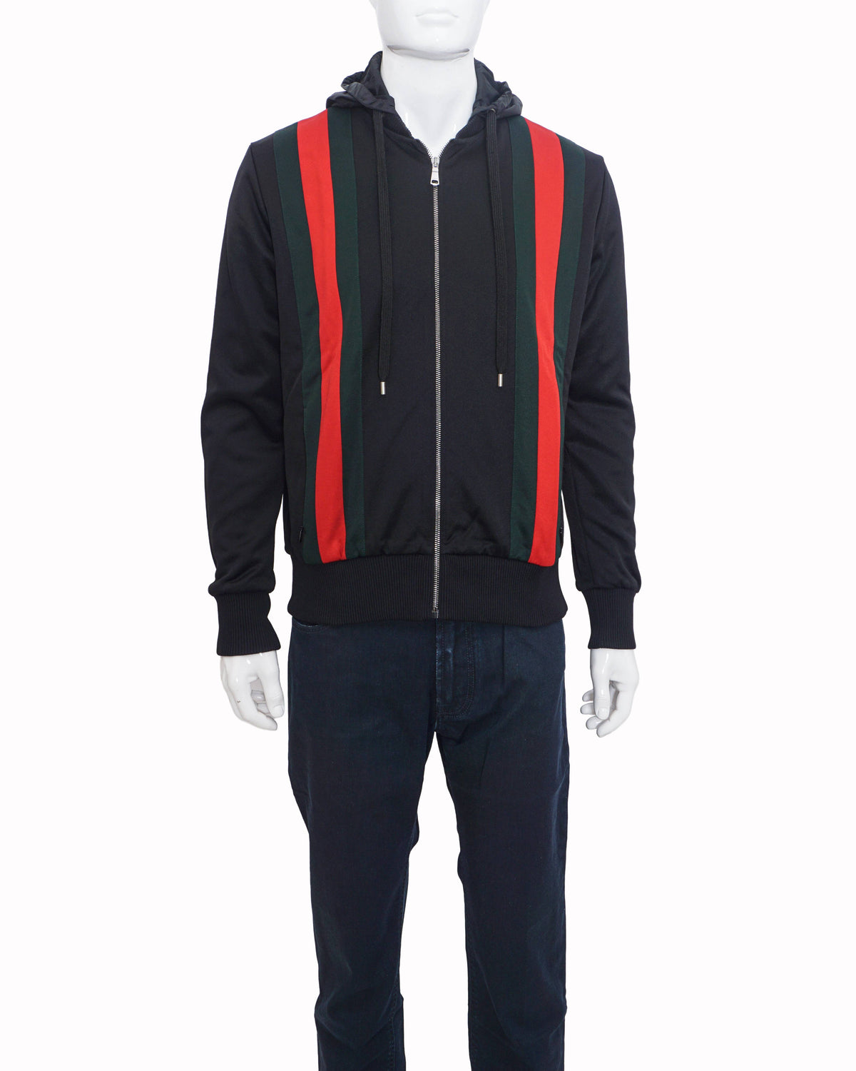 Gucci Black Web Striped Zip-Up Hooded Jacket