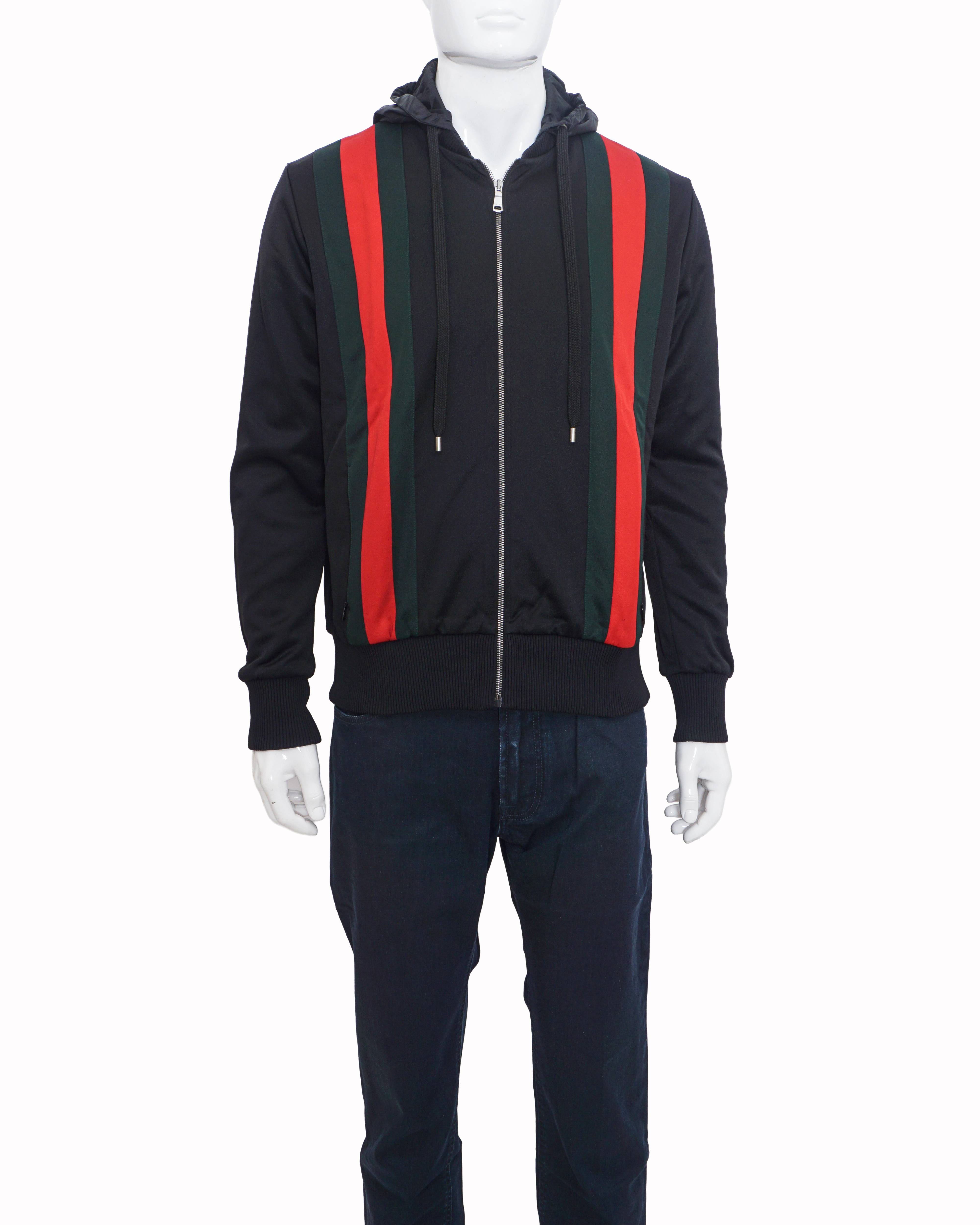 Gucci Black Web Striped Zip-Up Hooded Jacket