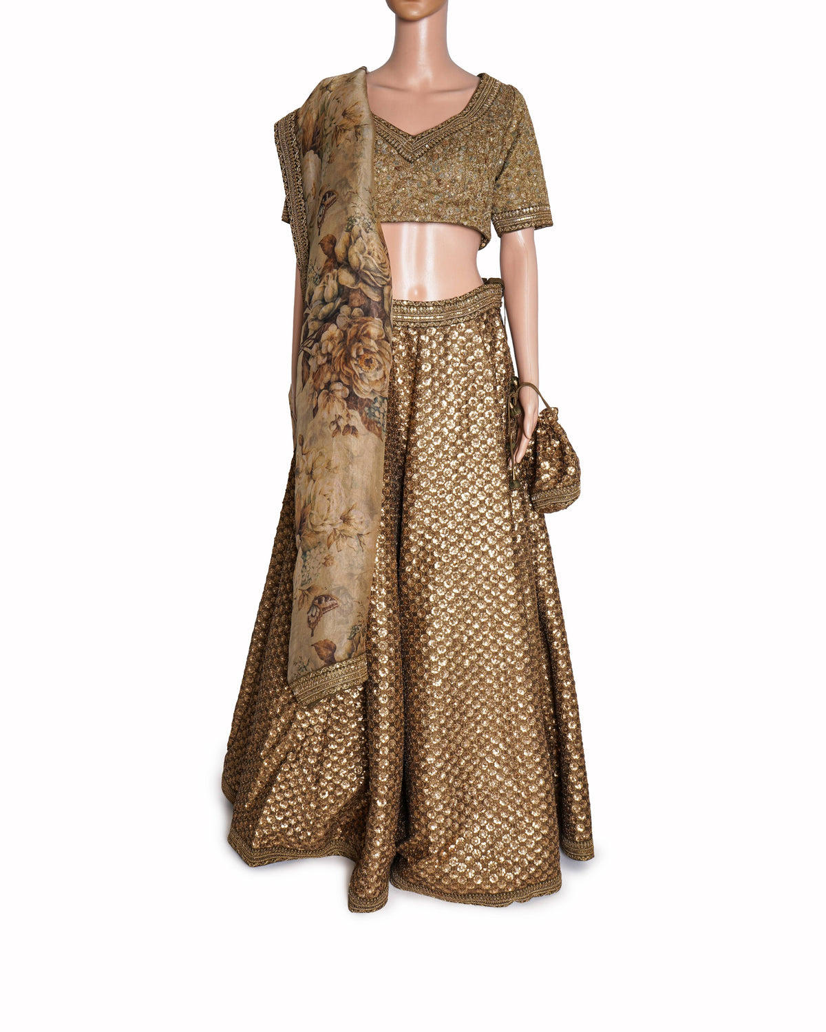 Sabyasachi Lehenga Set With Sequin Work In Gold Tone