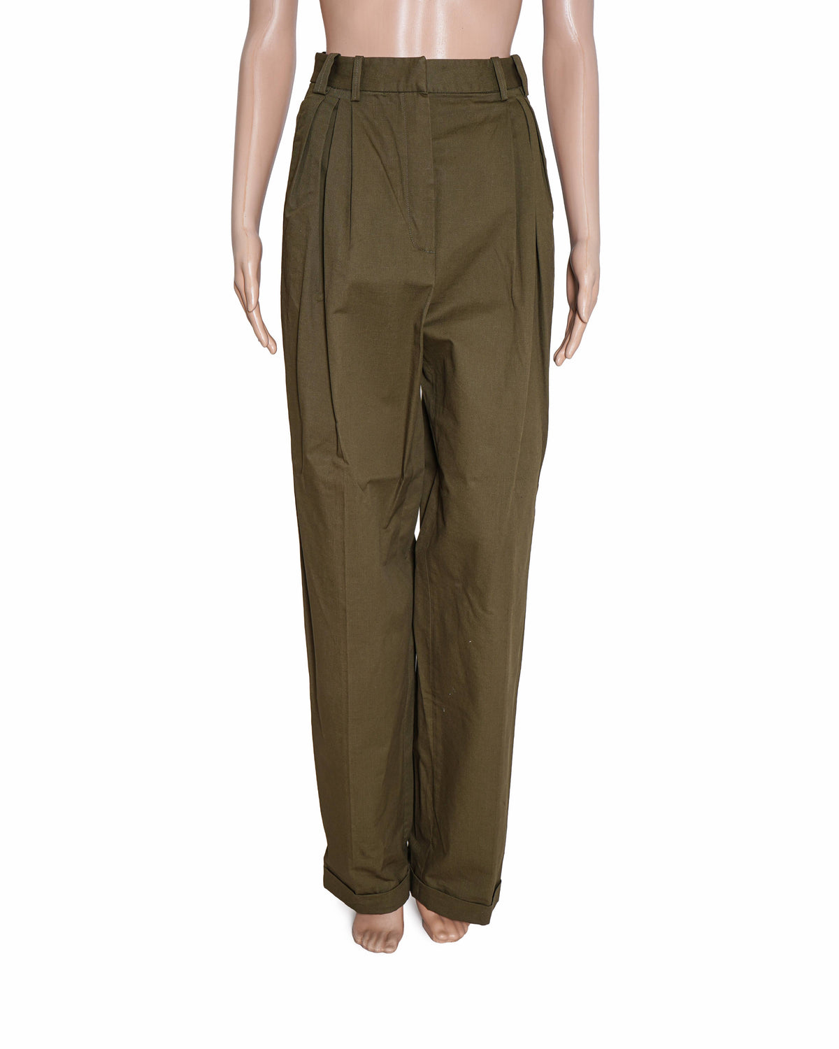 Massimo Dutti Olive Green Pleated Wide-Leg Trousers