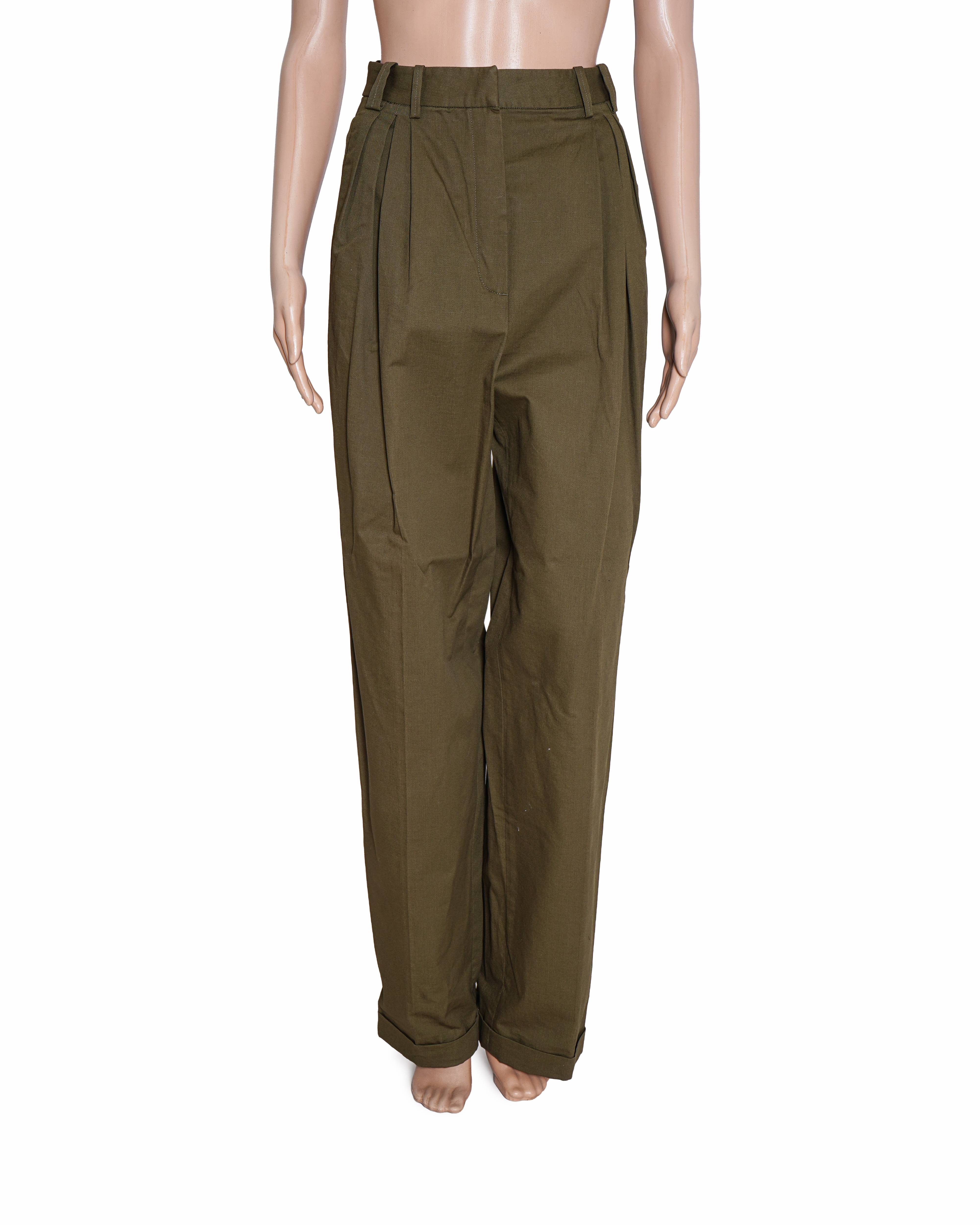 Massimo Dutti Olive Green Pleated Wide-Leg Trousers