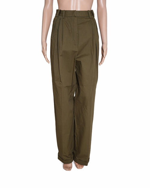 Massimo Dutti Olive Green Pleated Wide-Leg Trousers