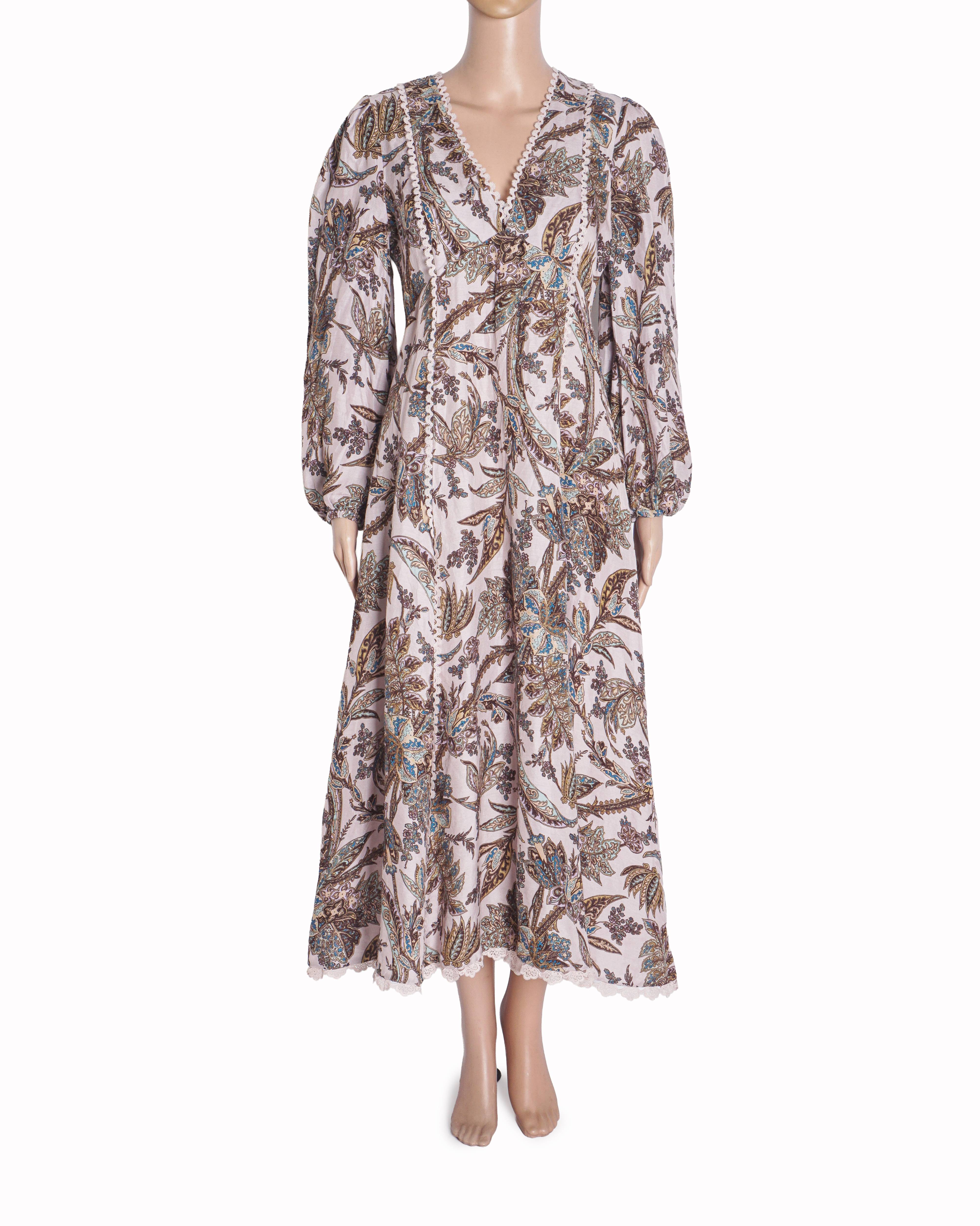 ALÉMAIS Estella Paisley Print V-Neck Linen Midi Dress