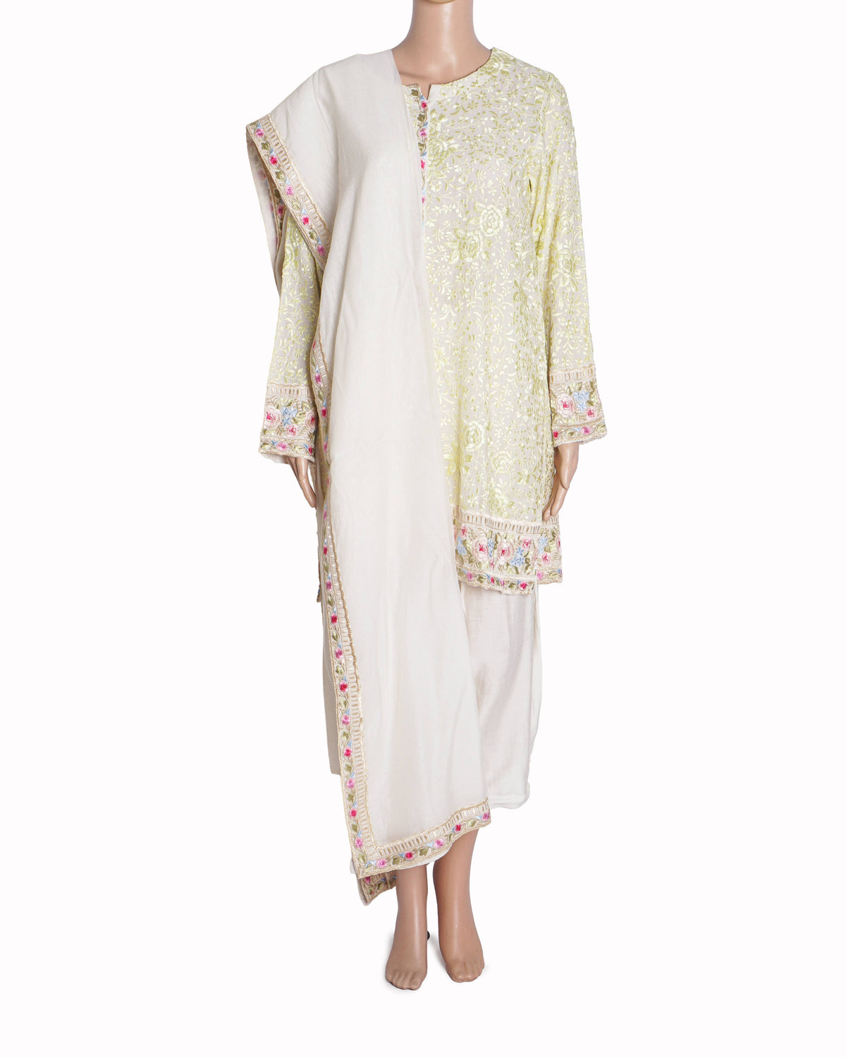 Iqbal Hussain Ivory Floral Embroidered Tunic & Dhoti Set