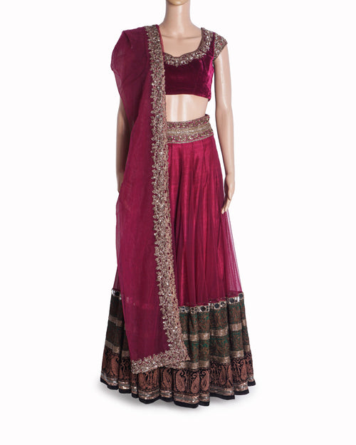 Manish Malhotra Magenta Heavy Velvet Embroidered Lehenga Set