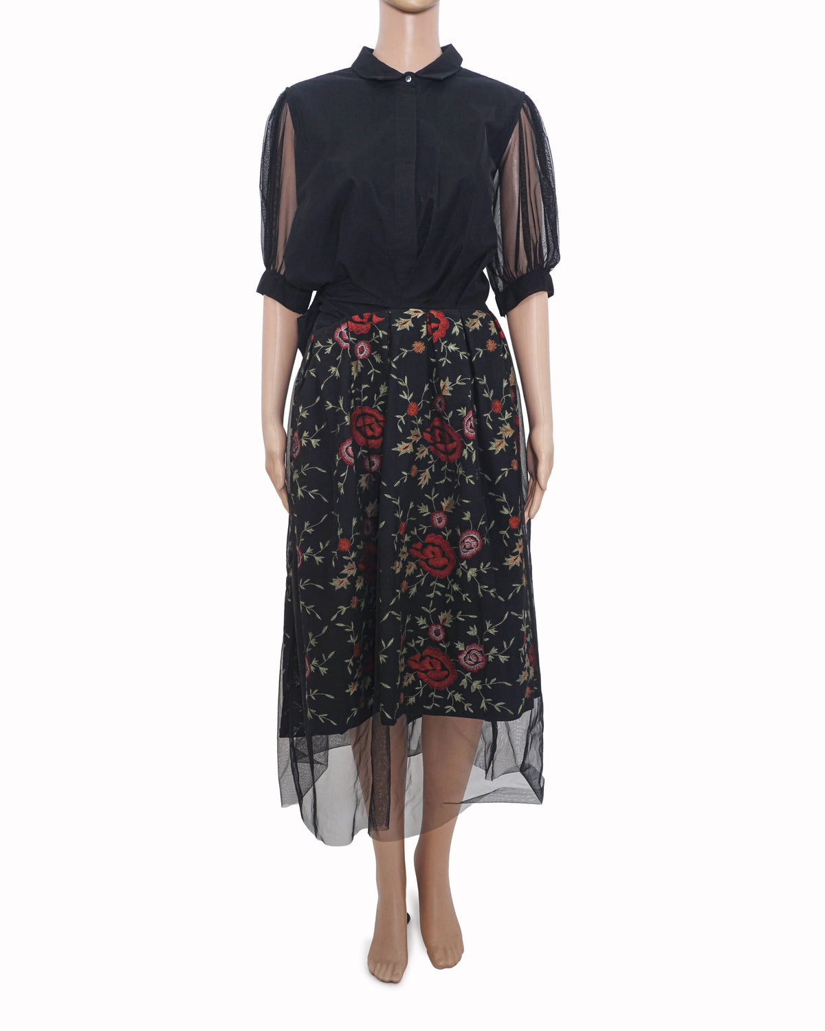 Brunello Cucinelli Black Embroidered Floral Silk-Cotton Midi Dress