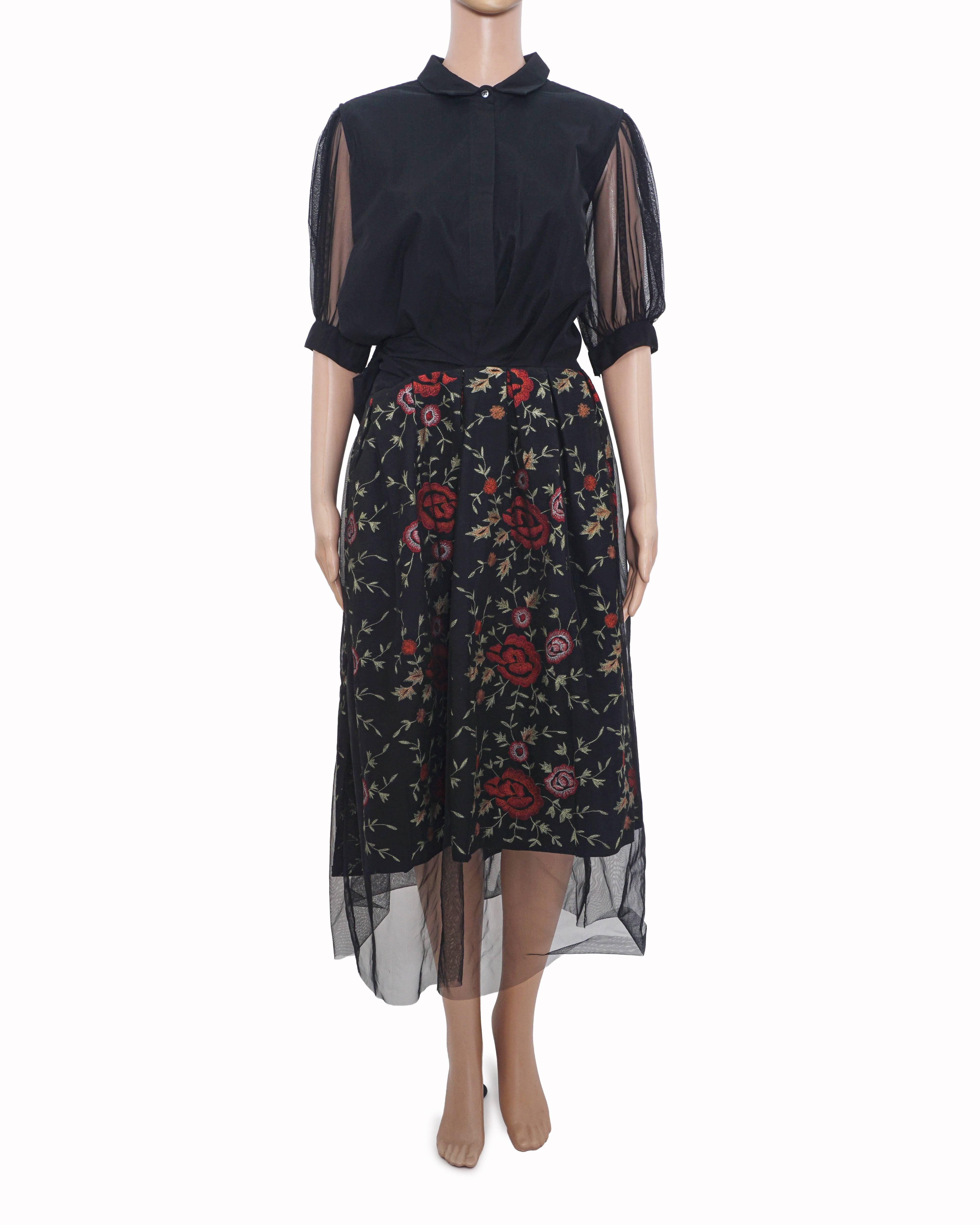 Brunello Cucinelli Black Embroidered Floral Silk-Cotton Midi Dress