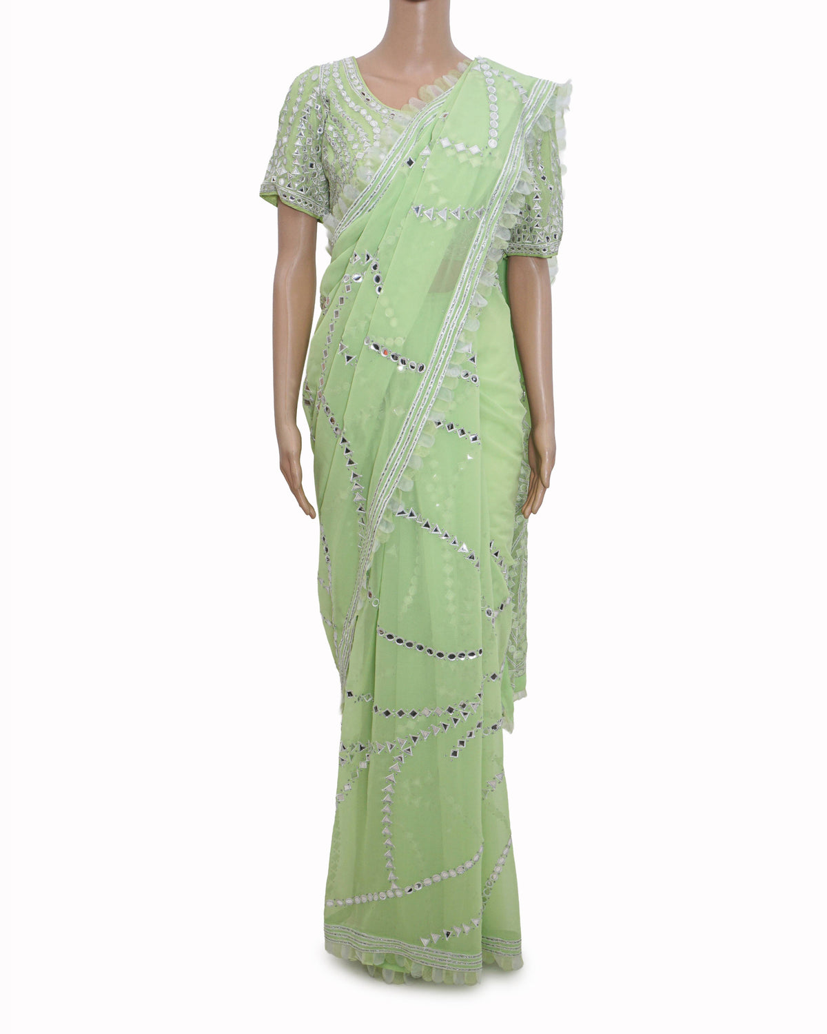 Asal by Abu Jani Sandeep Khosla Lime Green Mirror Work Saree Set