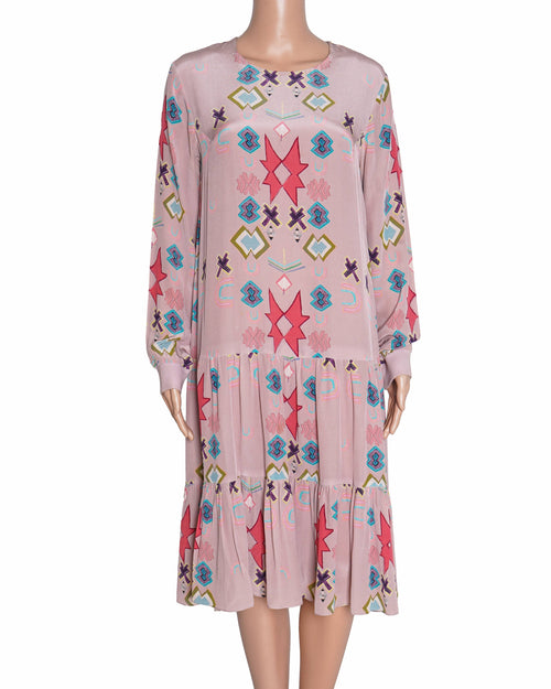 Payal Singhal Pink Crepe Ikat Star Prints Round Frill Dress