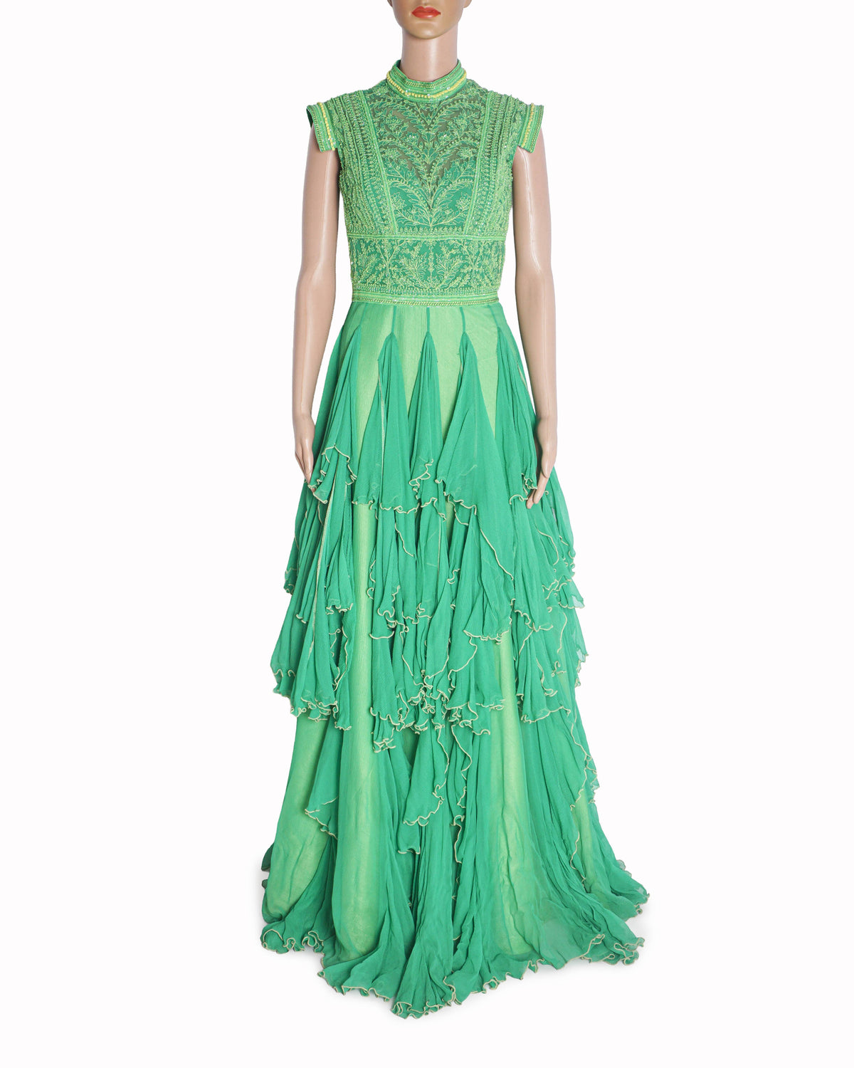 Shantanu & Nikhil Green Ruffle Tiered Couture Gown