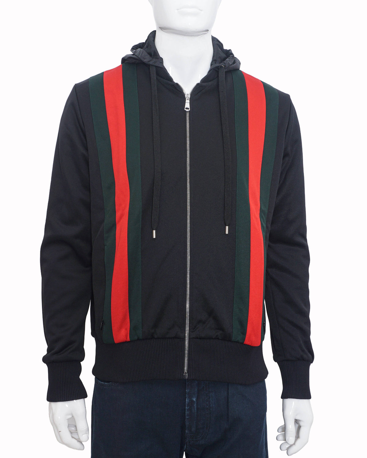 Gucci Black Web Striped Zip-Up Hooded Jacket