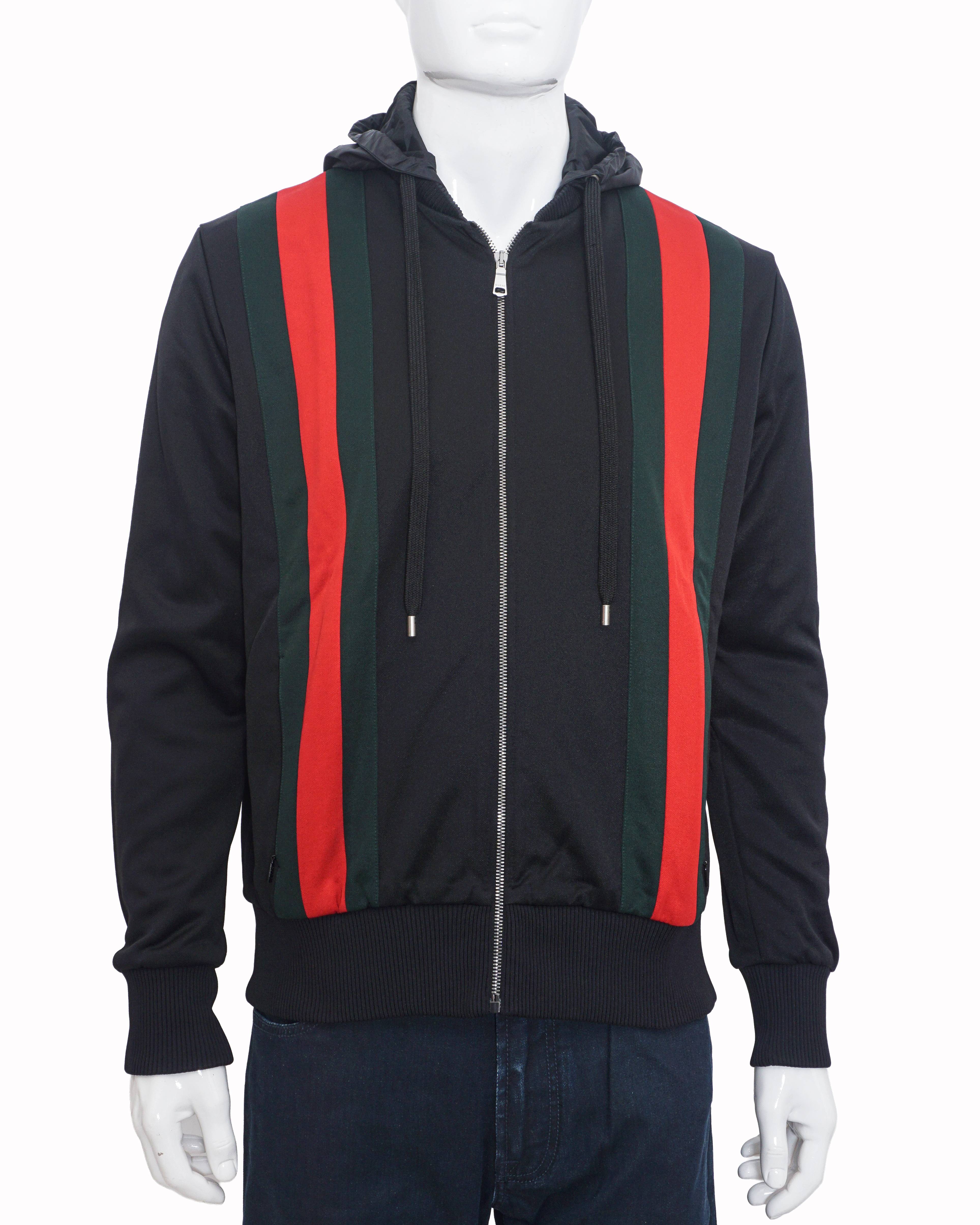 Gucci Black Web Striped Zip-Up Hooded Jacket