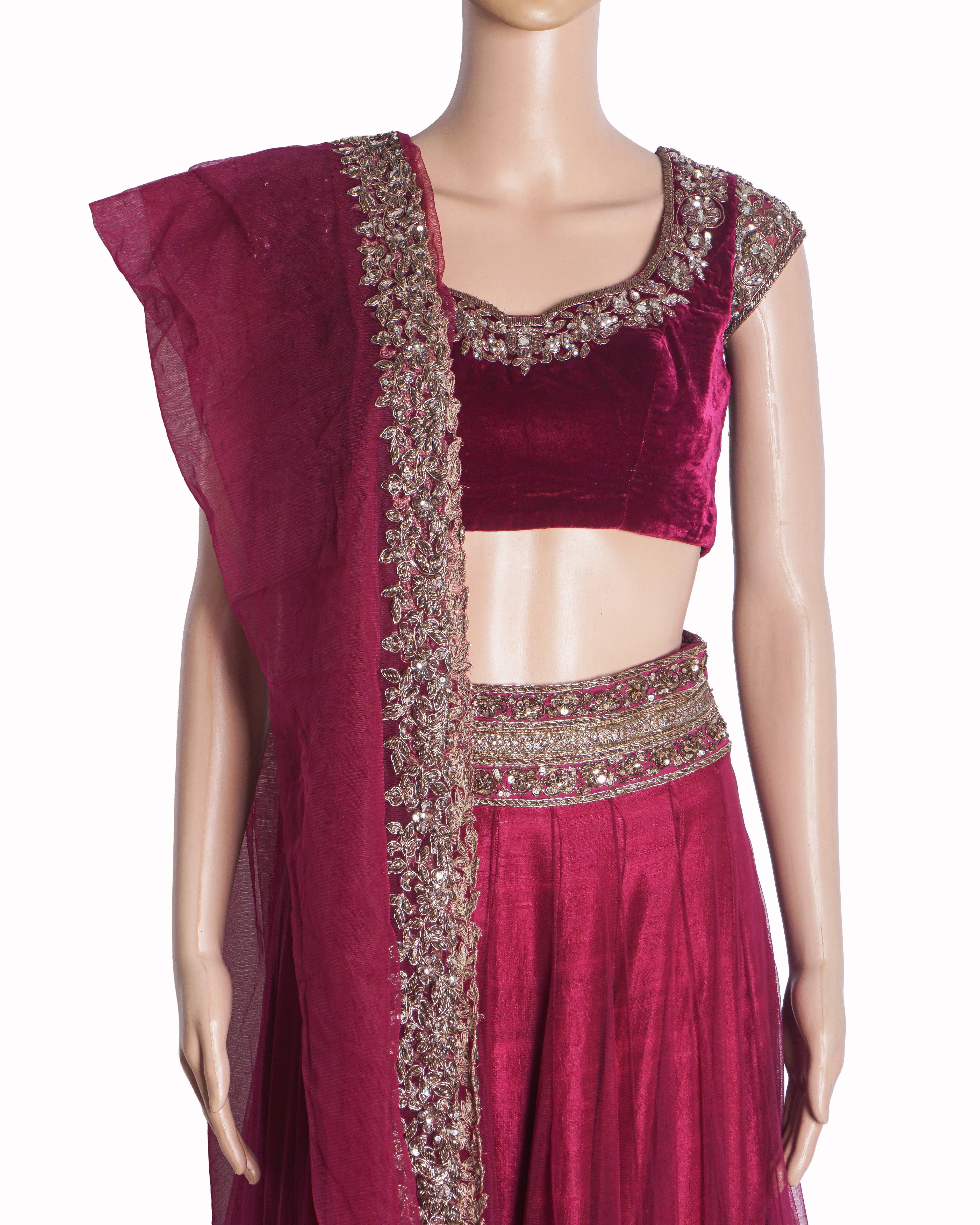 Manish Malhotra Magenta Heavy Velvet Embroidered Lehenga Set
