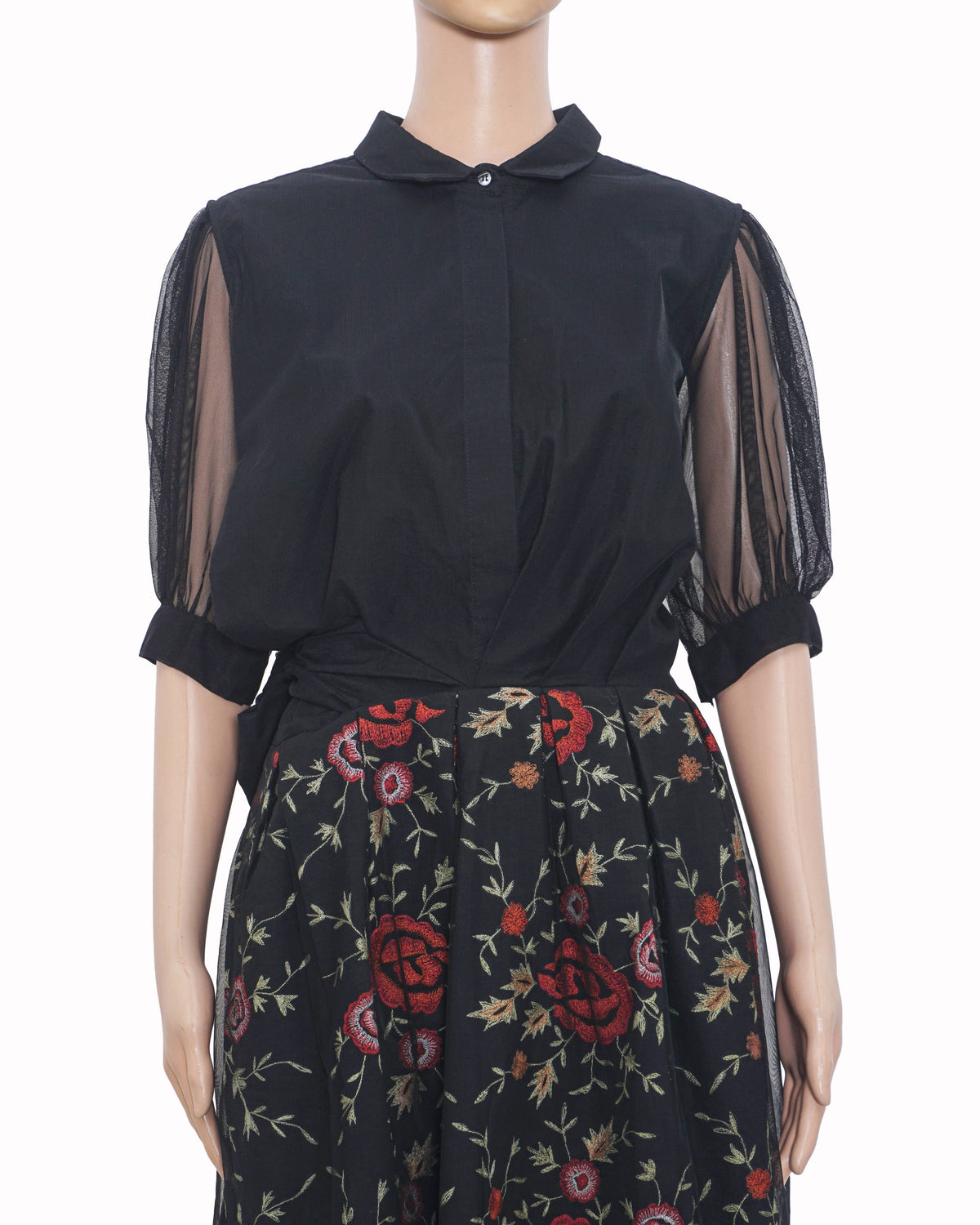 Brunello Cucinelli Black Embroidered Floral Silk-Cotton Midi Dress